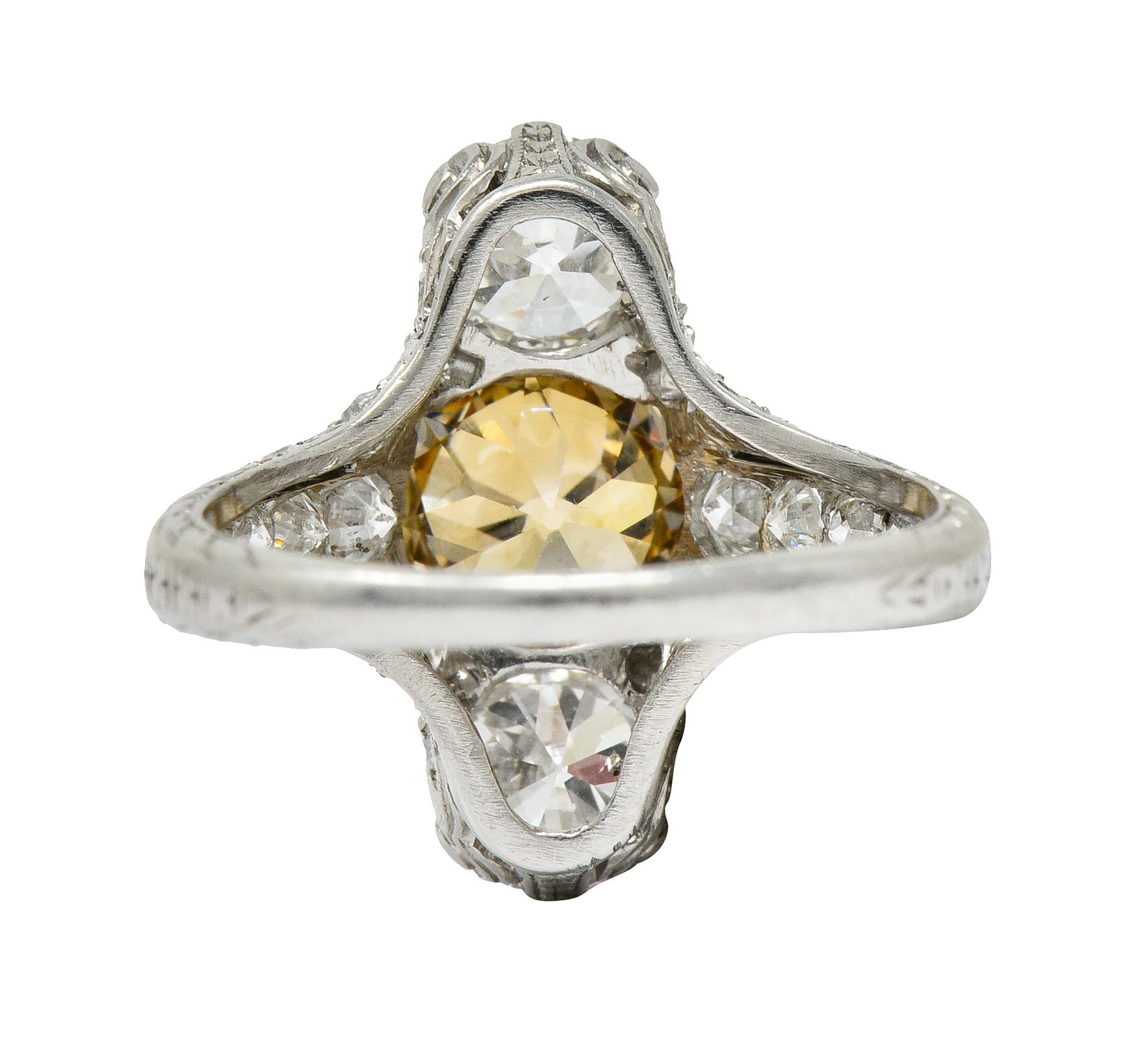 Art Deco 2.62 Carat Fancy Diamond & White Diamond Platinum Dinner Ring In Excellent Condition In Philadelphia, PA