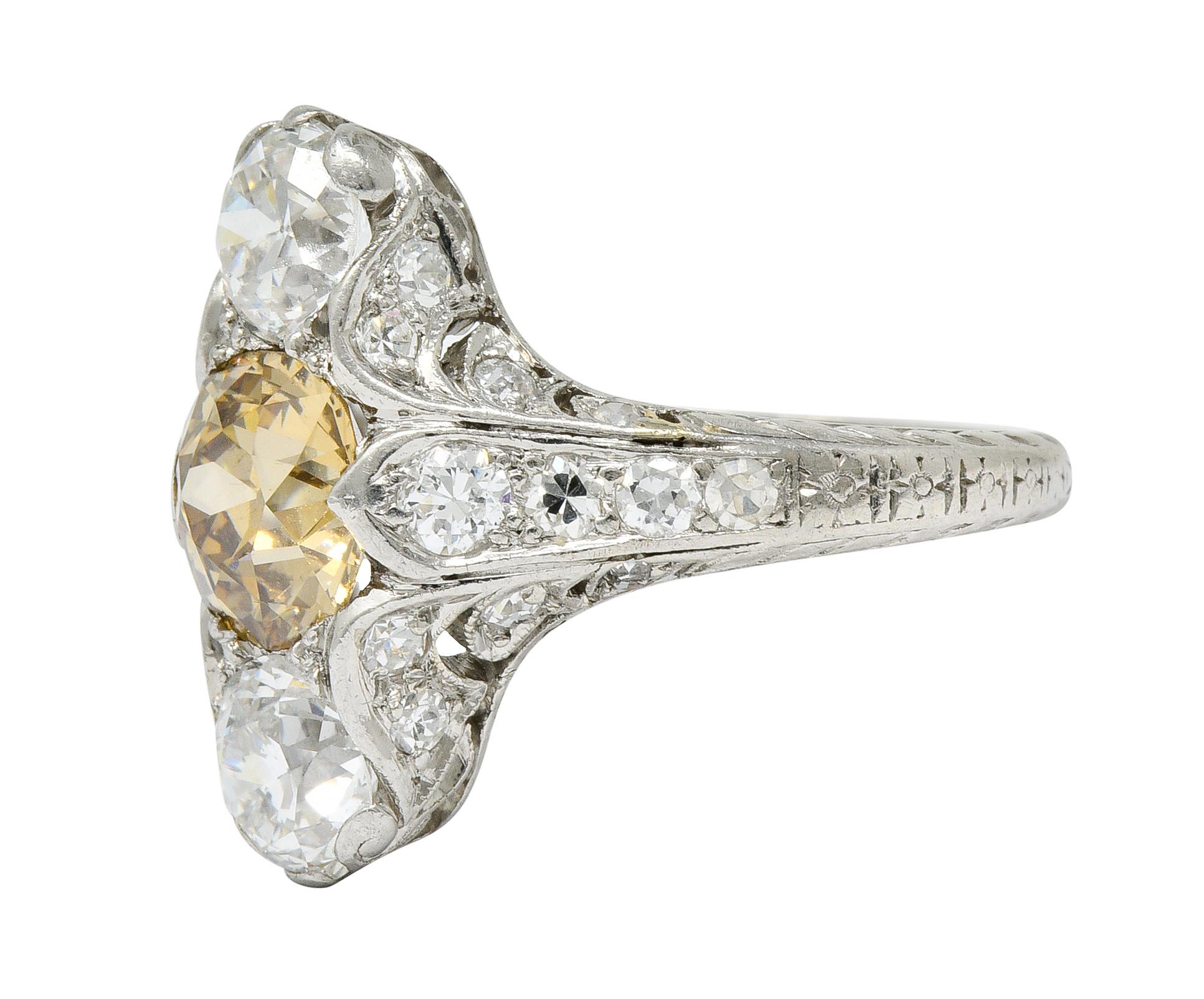 Art Deco 2.62 Carat Fancy Diamond & White Diamond Platinum Dinner Ring 1