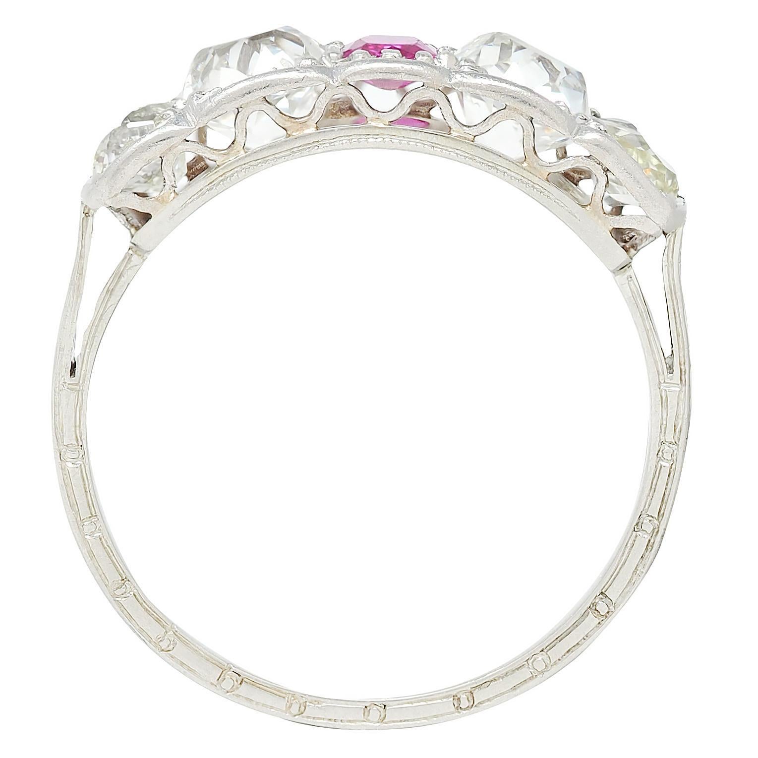 Art Deco 2.63 CTW Rubin Diamant 18K Weißgold Vintage Weizen Band Ring Damen im Angebot