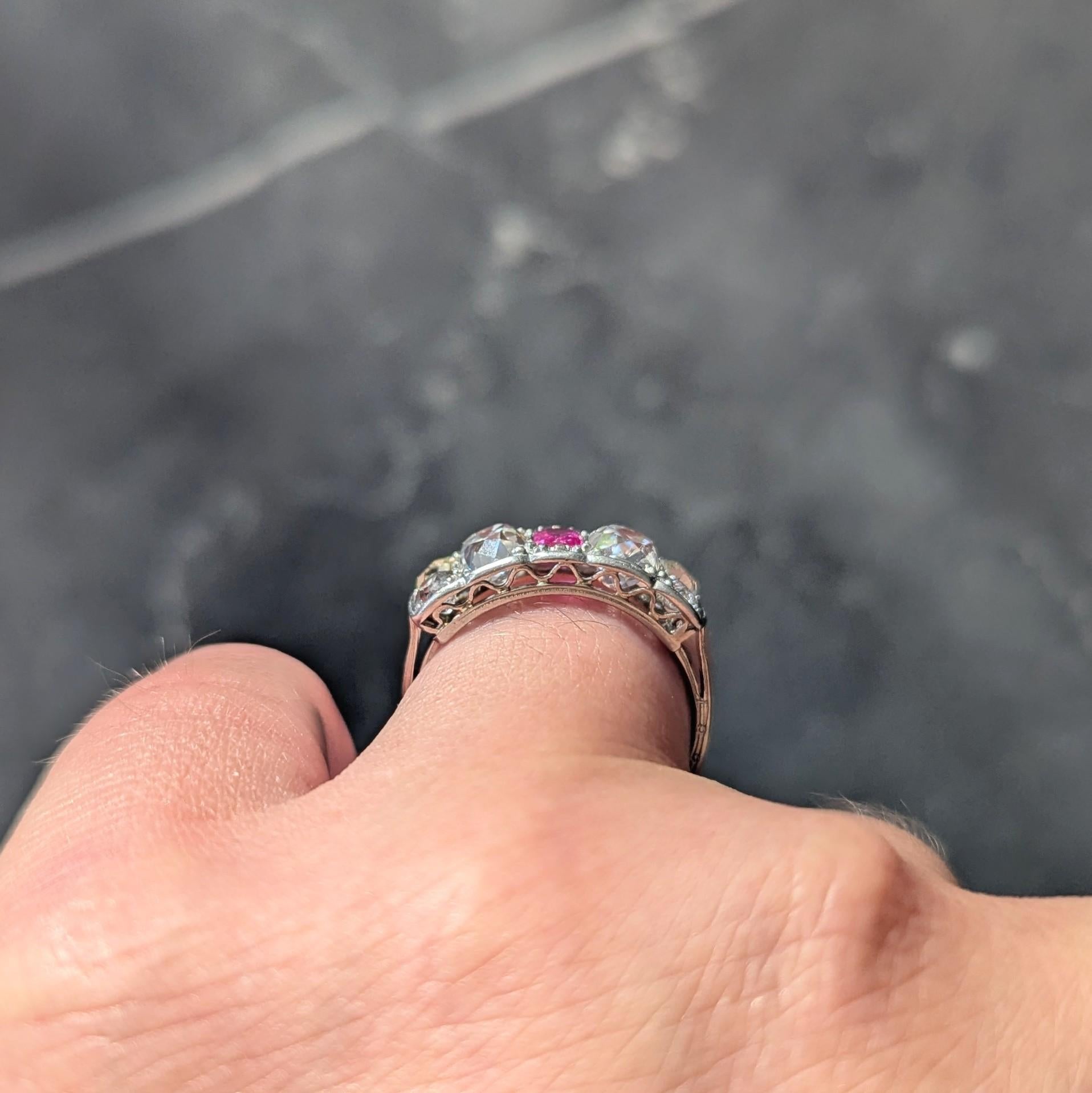 Art Deco 2.63 CTW Rubin Diamant 18K Weißgold Vintage Weizen Band Ring im Angebot 1