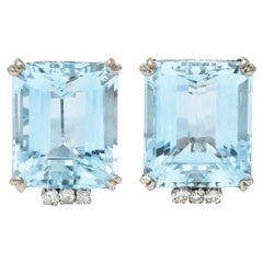 Art Deco 26.32 Carats Aquamarine Diamond 18 Karat White Gold Scroll Earrings