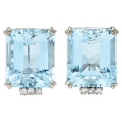Art Deco 26.32 Carats Aquamarine Diamond 18 Karat White Gold Scroll Earrings