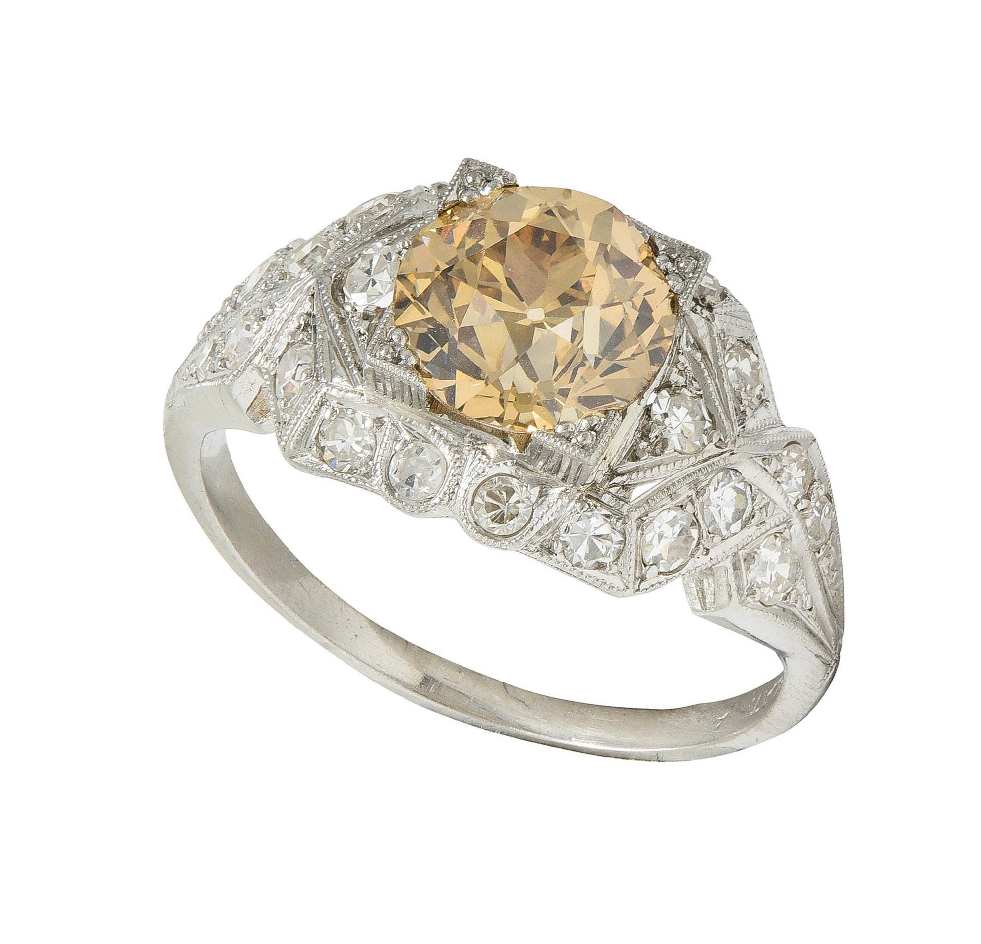 Art Deco 2.64 CTW Fancy Brown-Yellow Diamond Platinum Vintage Engagement Ring For Sale 5