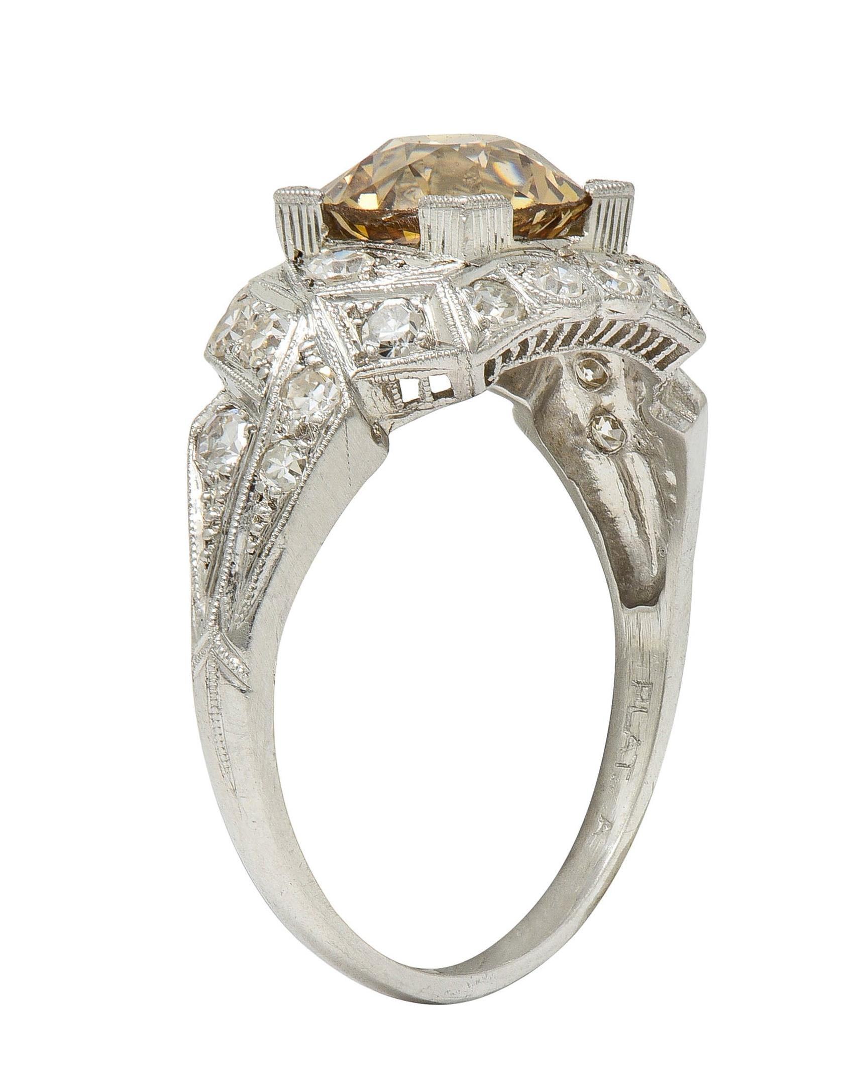 Art Deco 2.64 CTW Fancy Brown-Yellow Diamond Platinum Vintage Engagement Ring For Sale 6