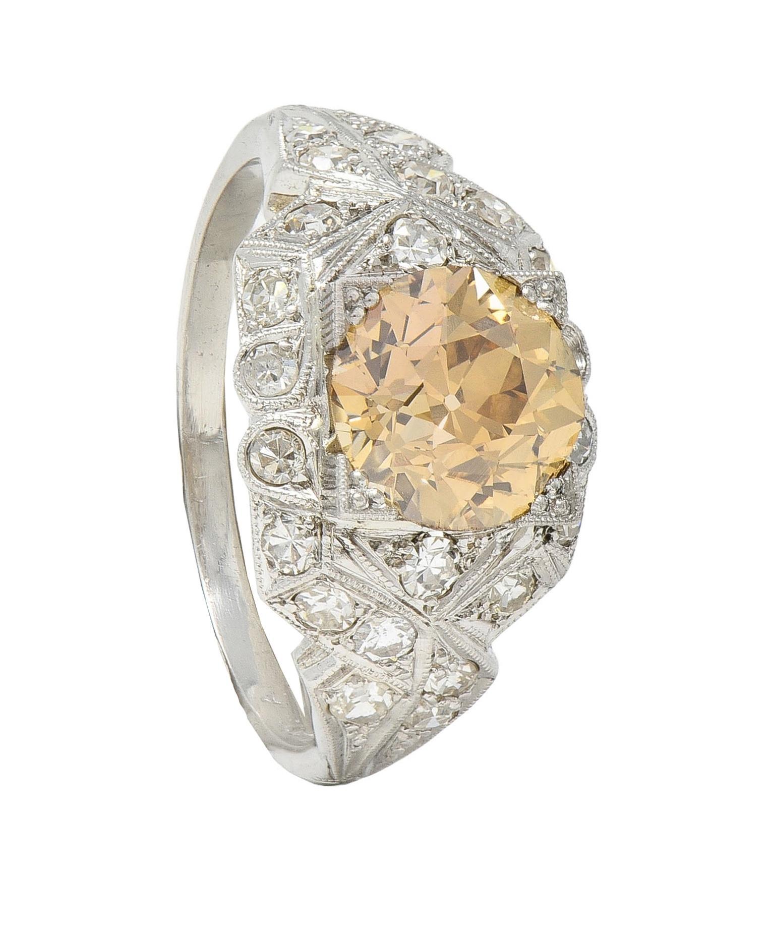 Art Deco 2.64 CTW Fancy Brown-Yellow Diamond Platinum Vintage Engagement Ring For Sale 7