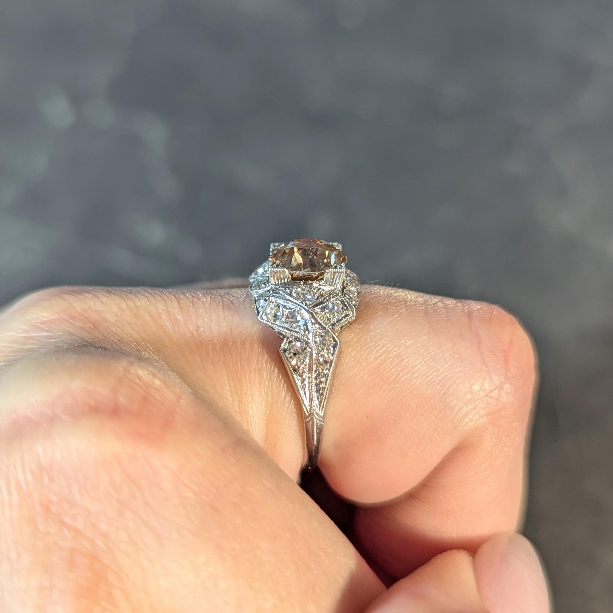 Art Deco 2.64 CTW Fancy Brown-Yellow Diamond Platinum Vintage Engagement Ring For Sale 8