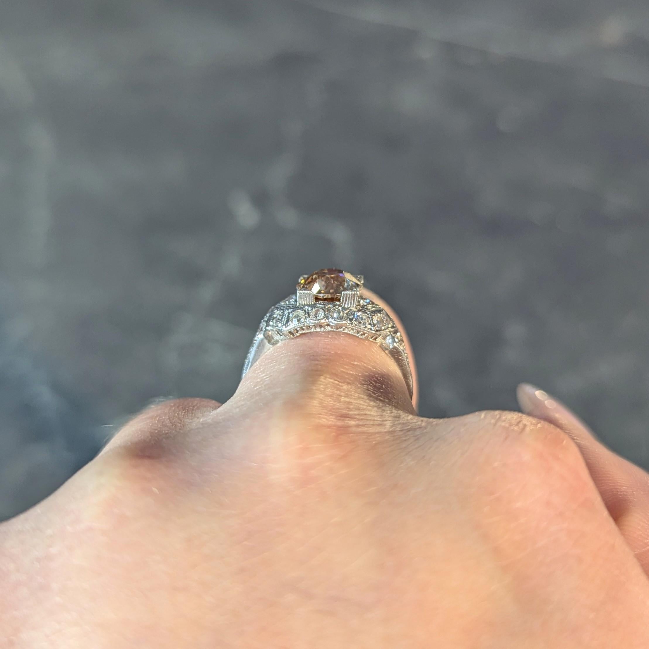 Art Deco 2.64 CTW Fancy Brown-Yellow Diamond Platinum Vintage Engagement Ring For Sale 9