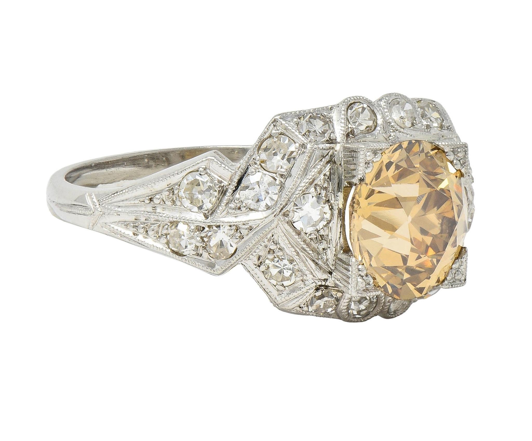 Old European Cut Art Deco 2.64 CTW Fancy Brown-Yellow Diamond Platinum Vintage Engagement Ring For Sale