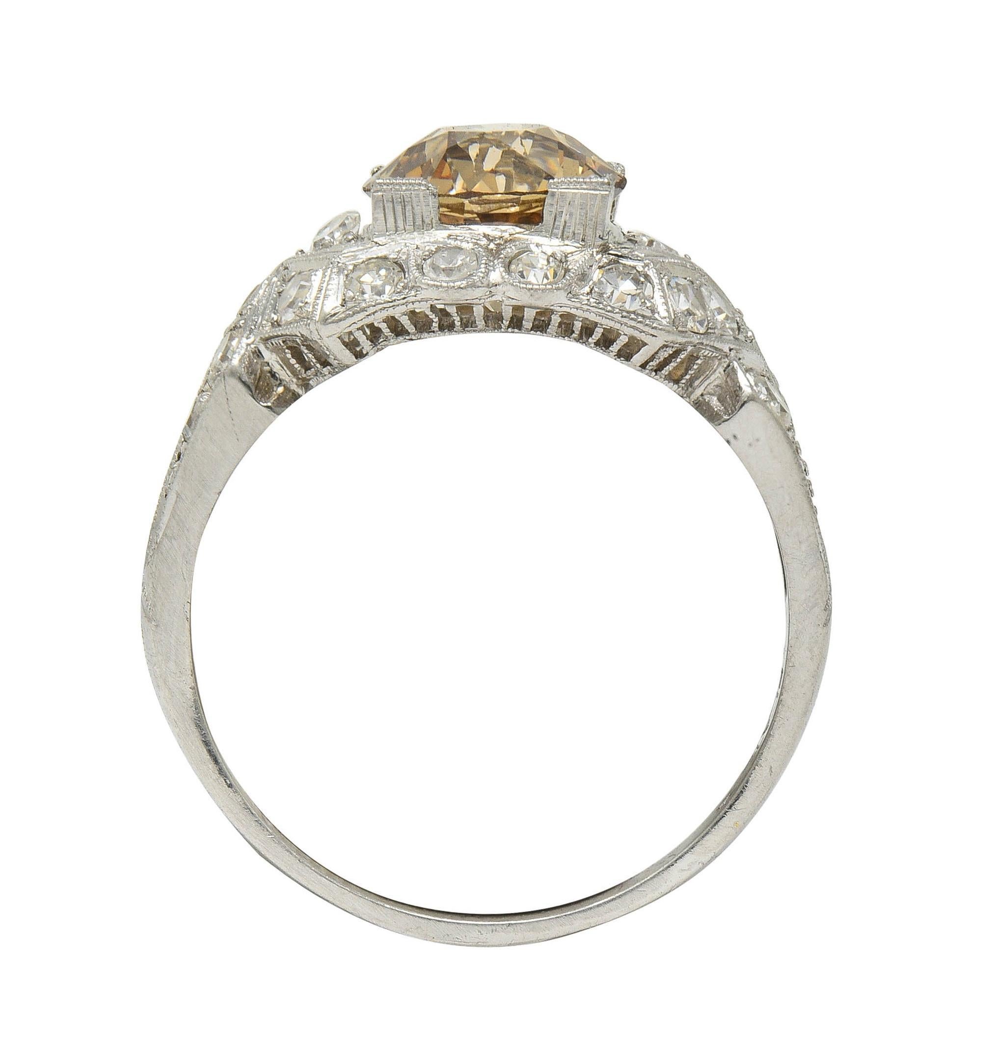 Art Deco 2.64 CTW Fancy Brown-Yellow Diamond Platinum Vintage Engagement Ring In Excellent Condition For Sale In Philadelphia, PA