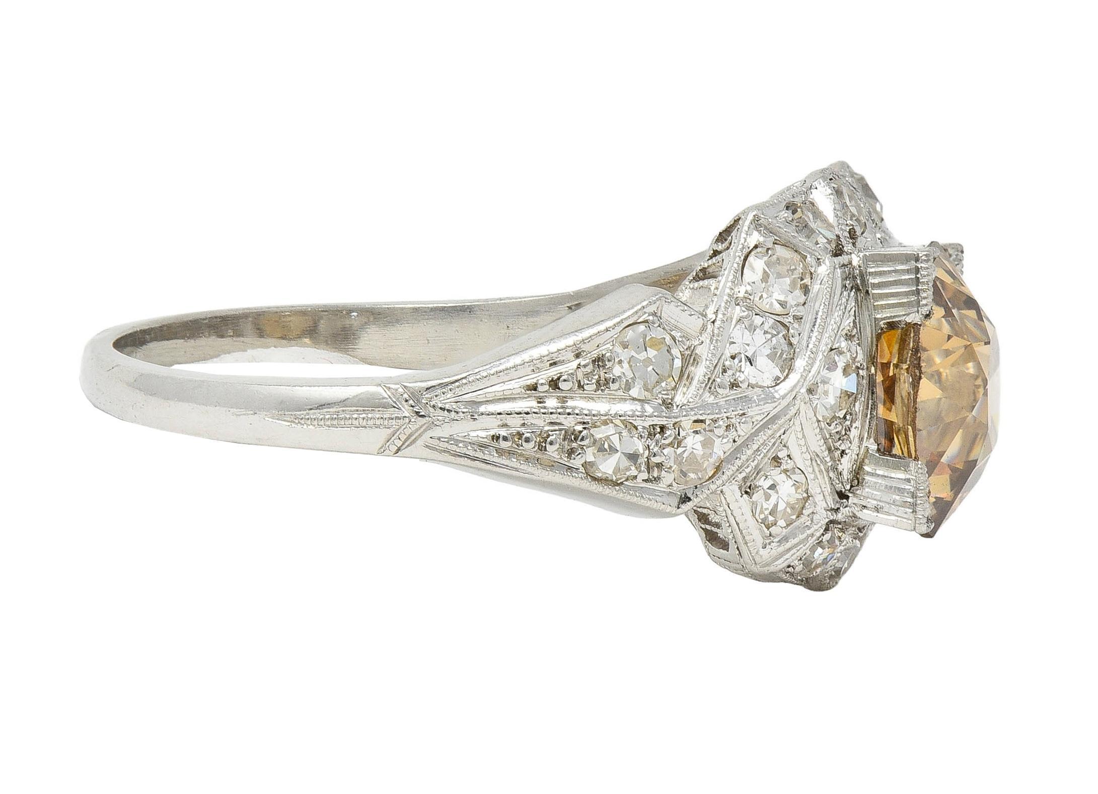 Women's or Men's Art Deco 2.64 CTW Fancy Brown-Yellow Diamond Platinum Vintage Engagement Ring For Sale