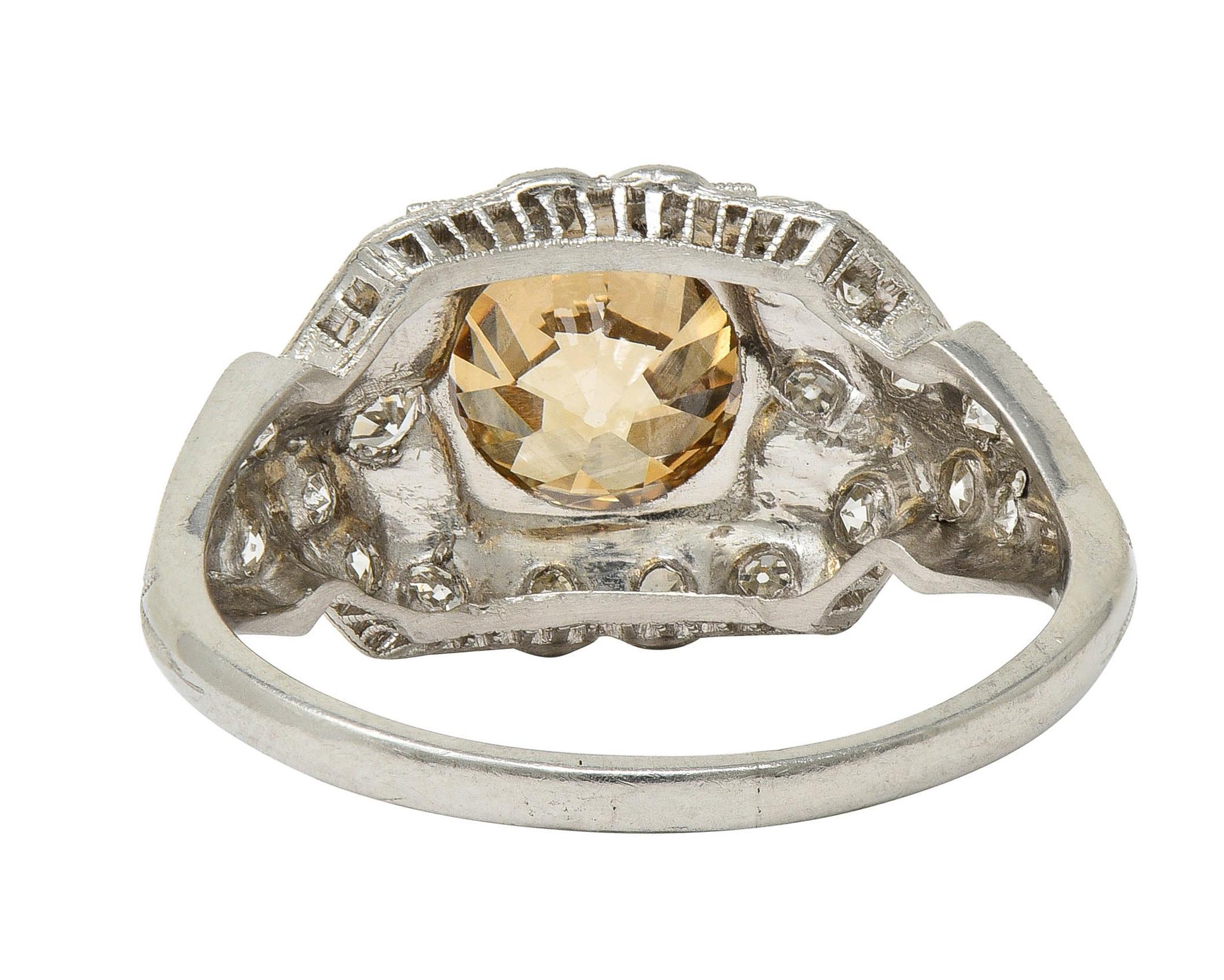 Art Deco 2.64 CTW Fancy Brown-Yellow Diamond Platinum Vintage Engagement Ring For Sale 1