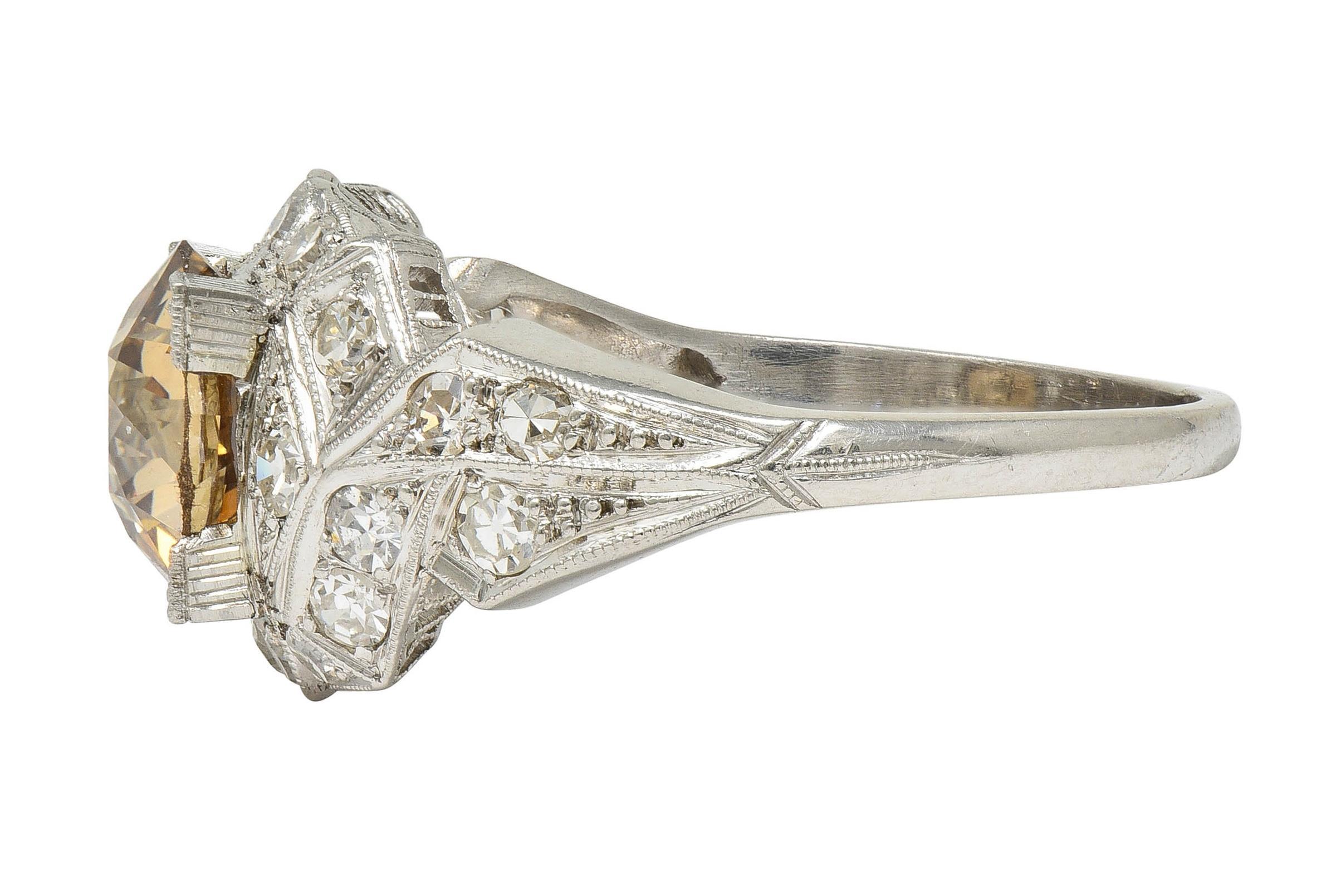 Art Deco 2.64 CTW Fancy Brown-Yellow Diamond Platinum Vintage Engagement Ring For Sale 2
