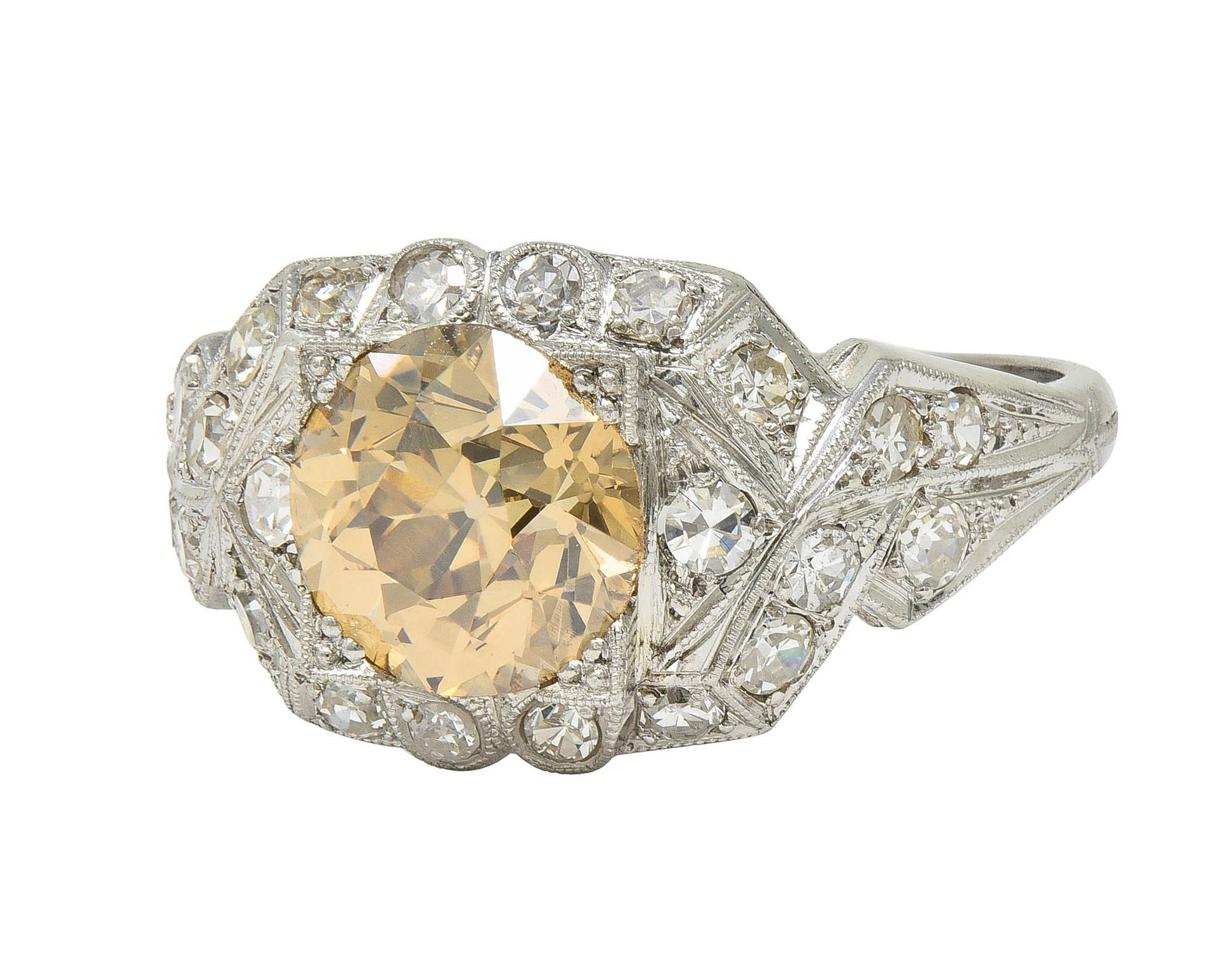 Art Deco 2.64 CTW Fancy Brown-Yellow Diamond Platinum Vintage Engagement Ring For Sale 3