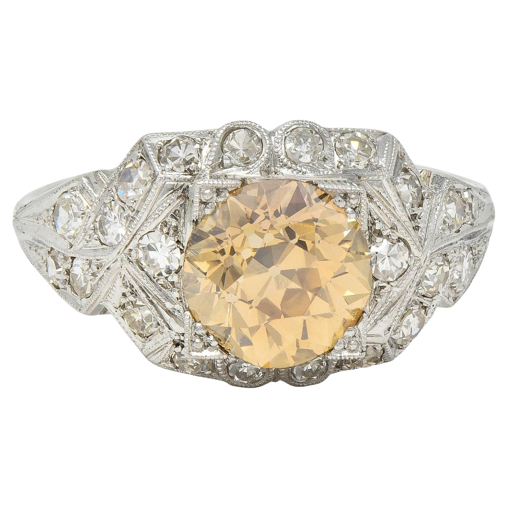 Art Deco 2.64 CTW Fancy Brown-Yellow Diamond Platinum Vintage Engagement Ring For Sale