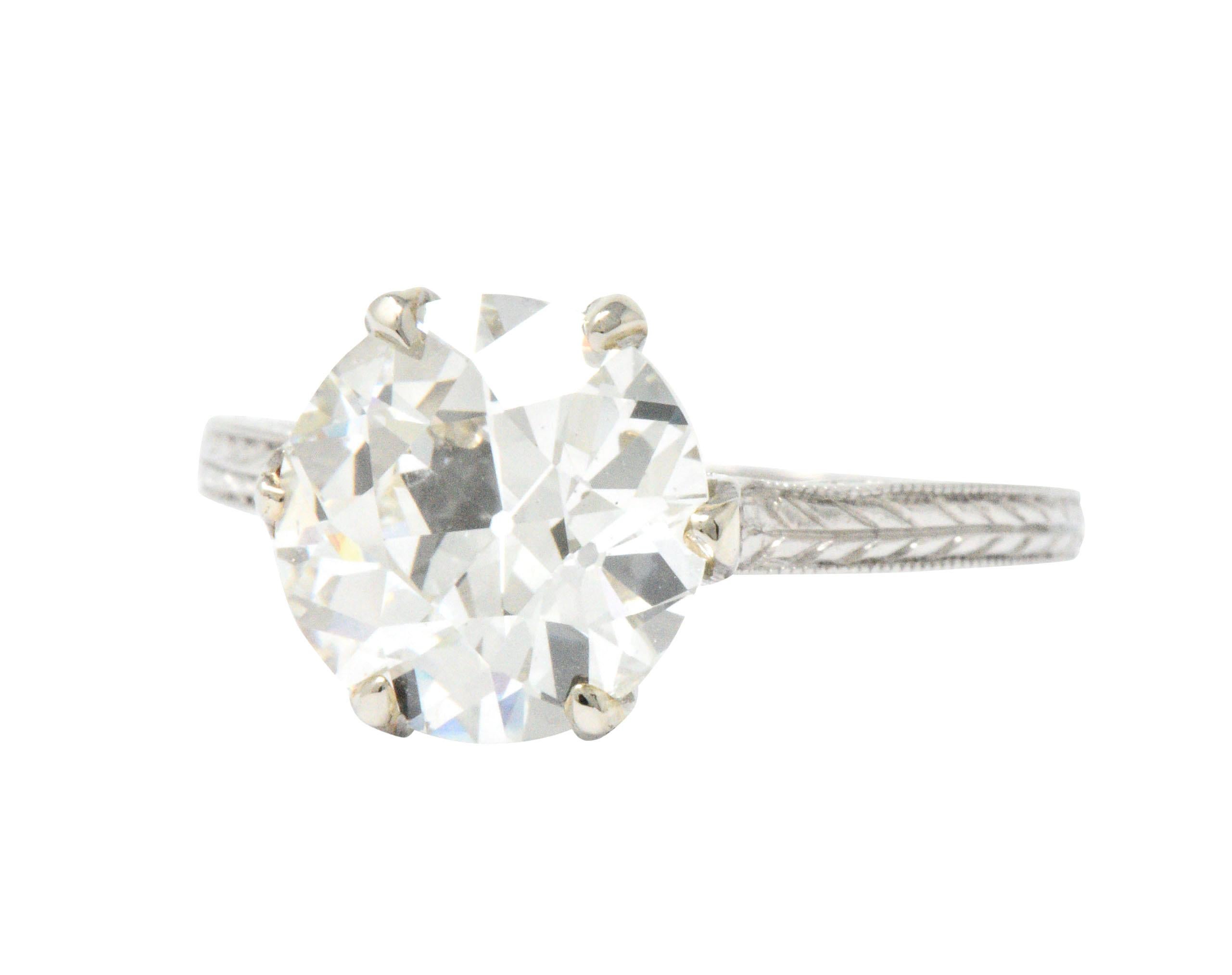 Centering a 2.65 carat old European cut diamond, J color and SI1 clarity

Art Deco platinum mount circa 1930

Top of the ring measures 9.9 mm and sits 6.5 mm high

Ring Size: 5.75 and Sizable

Total Weight: 2.8 Grams

GIA report: 196141972