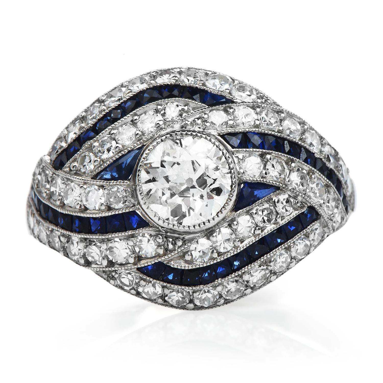 A visionary design motivated this Art Deco motif and crafted in Platinum.

Featuring a round bezel set European cut diamond in

 The center is weighing appx. 0.70 carats and graded as I color and SI1 clarity.

68 Bright, vibrant blue French-cut
