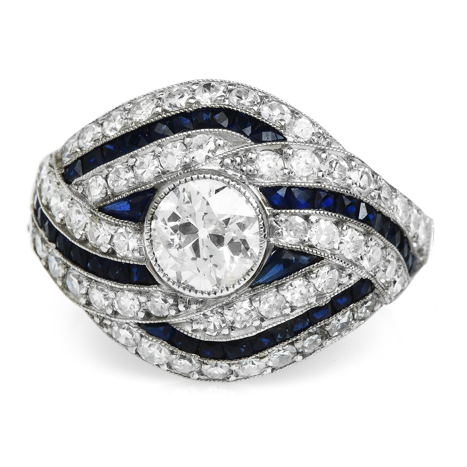 Old European Cut Art Deco Style 2.65cts Diamond Sapphire Platinum Cocktail Engagement Ring