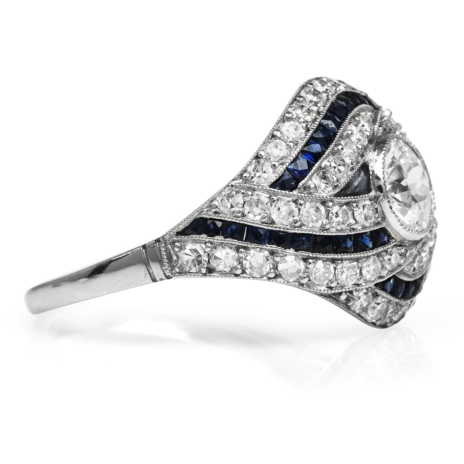 Art Deco Style 2.65cts Diamond Sapphire Platinum Cocktail Engagement Ring In Excellent Condition In Miami, FL