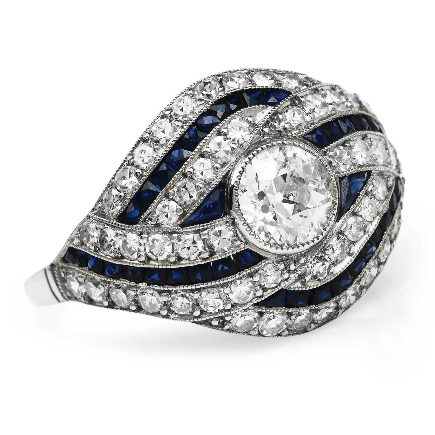 Art Deco Style 2.65cts Diamond Sapphire Platinum Cocktail Engagement Ring 1
