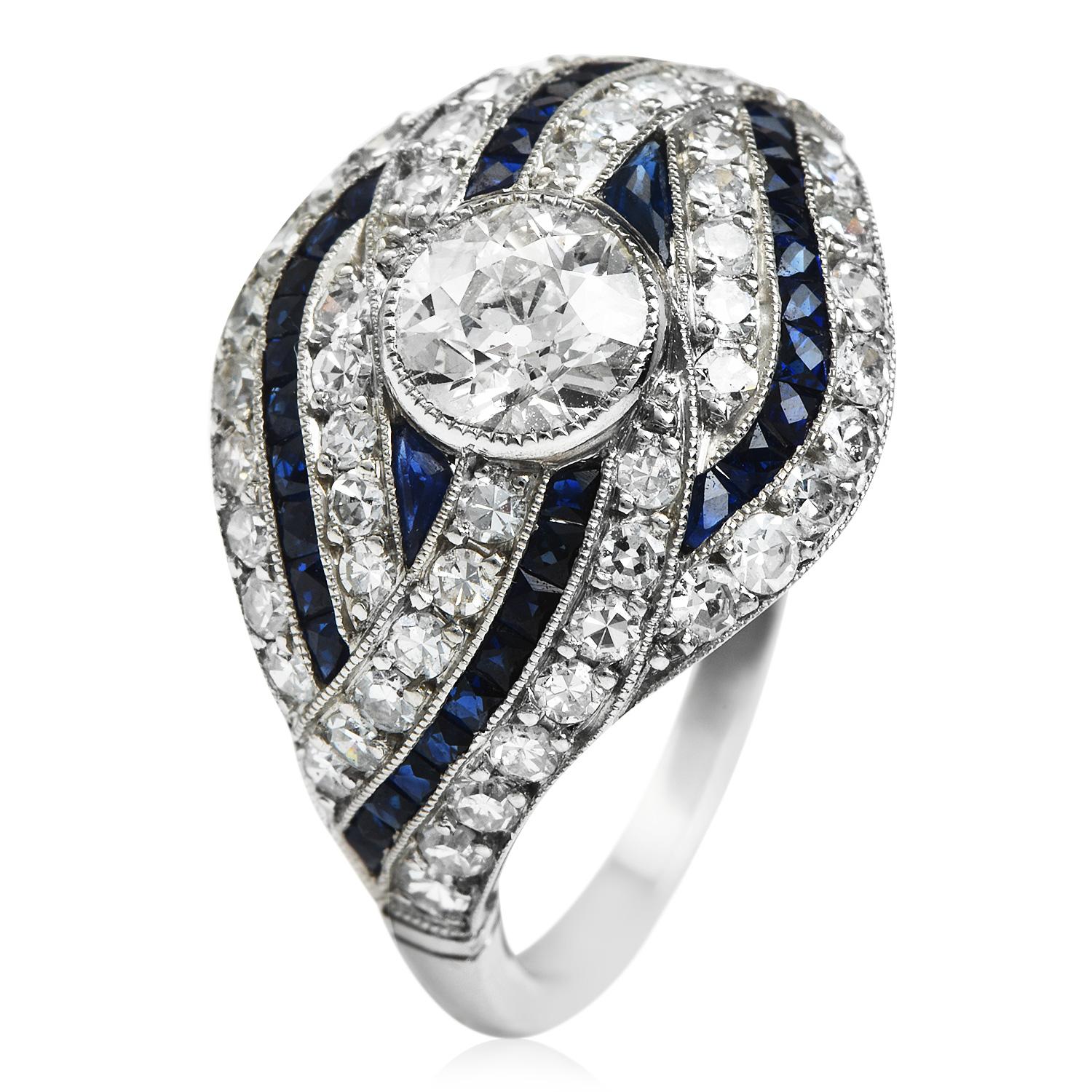 Art Deco Style 2.65cts Diamond Sapphire Platinum Cocktail Engagement Ring 2