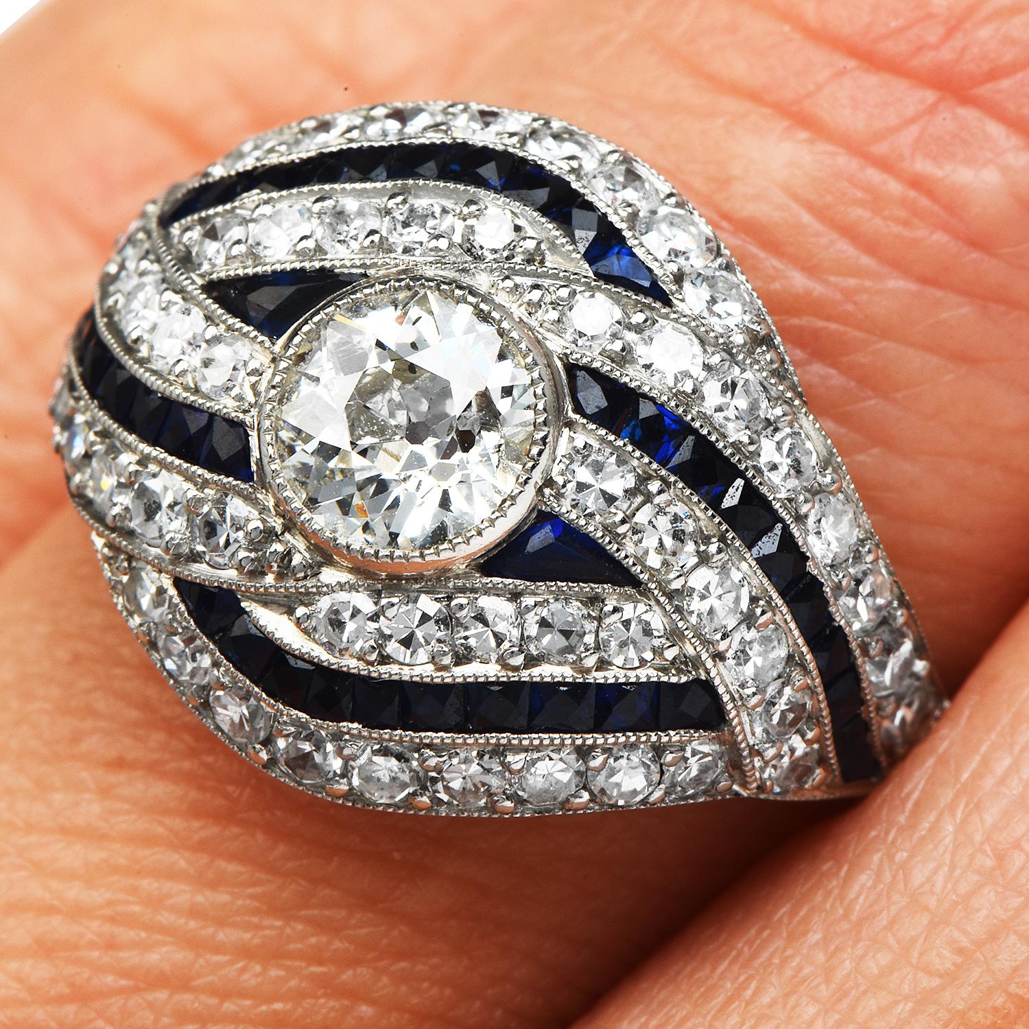 Art Deco Style 2.65cts Diamond Sapphire Platinum Cocktail Engagement Ring 3