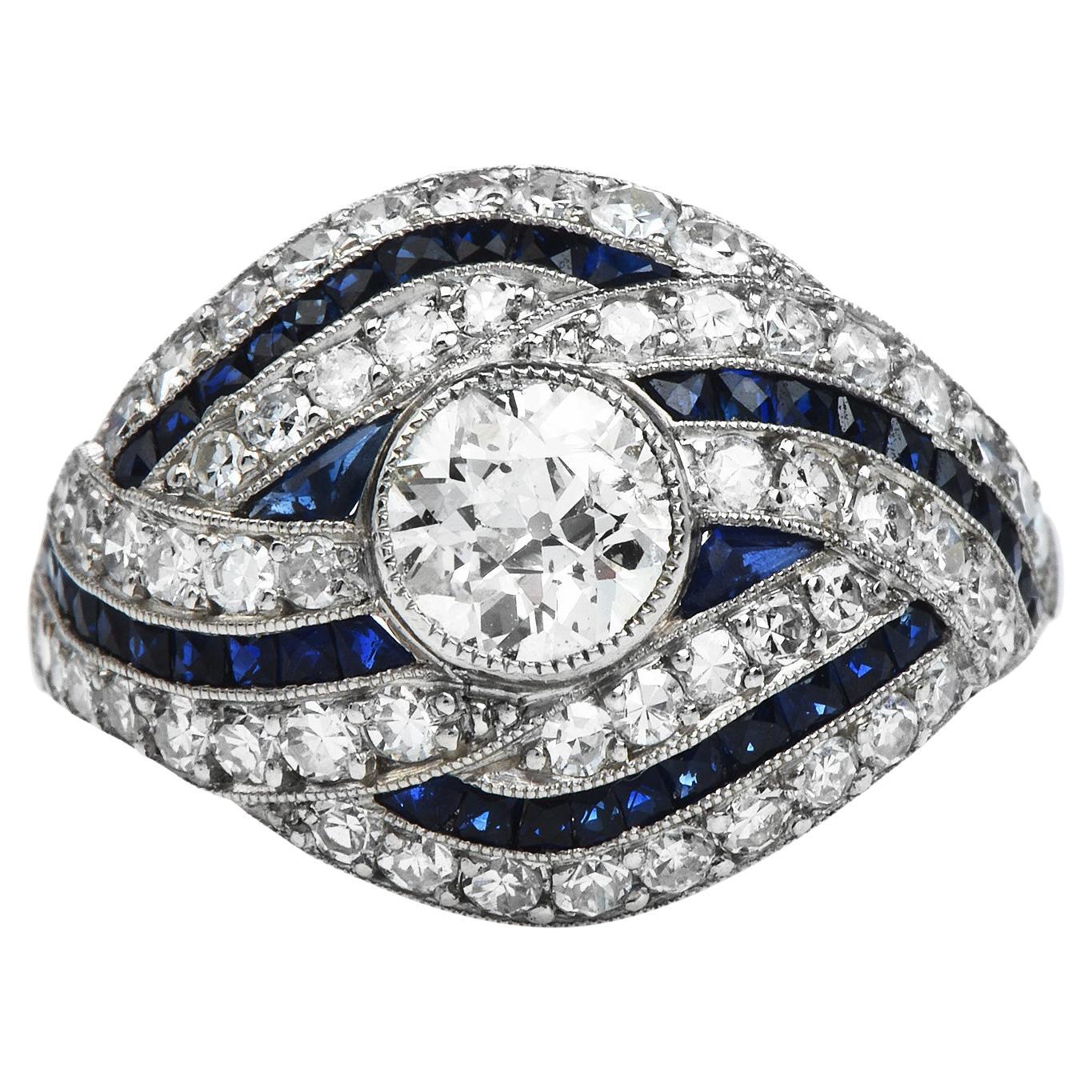 Art Deco Style 2.65cts Diamond Sapphire Platinum Cocktail Engagement Ring