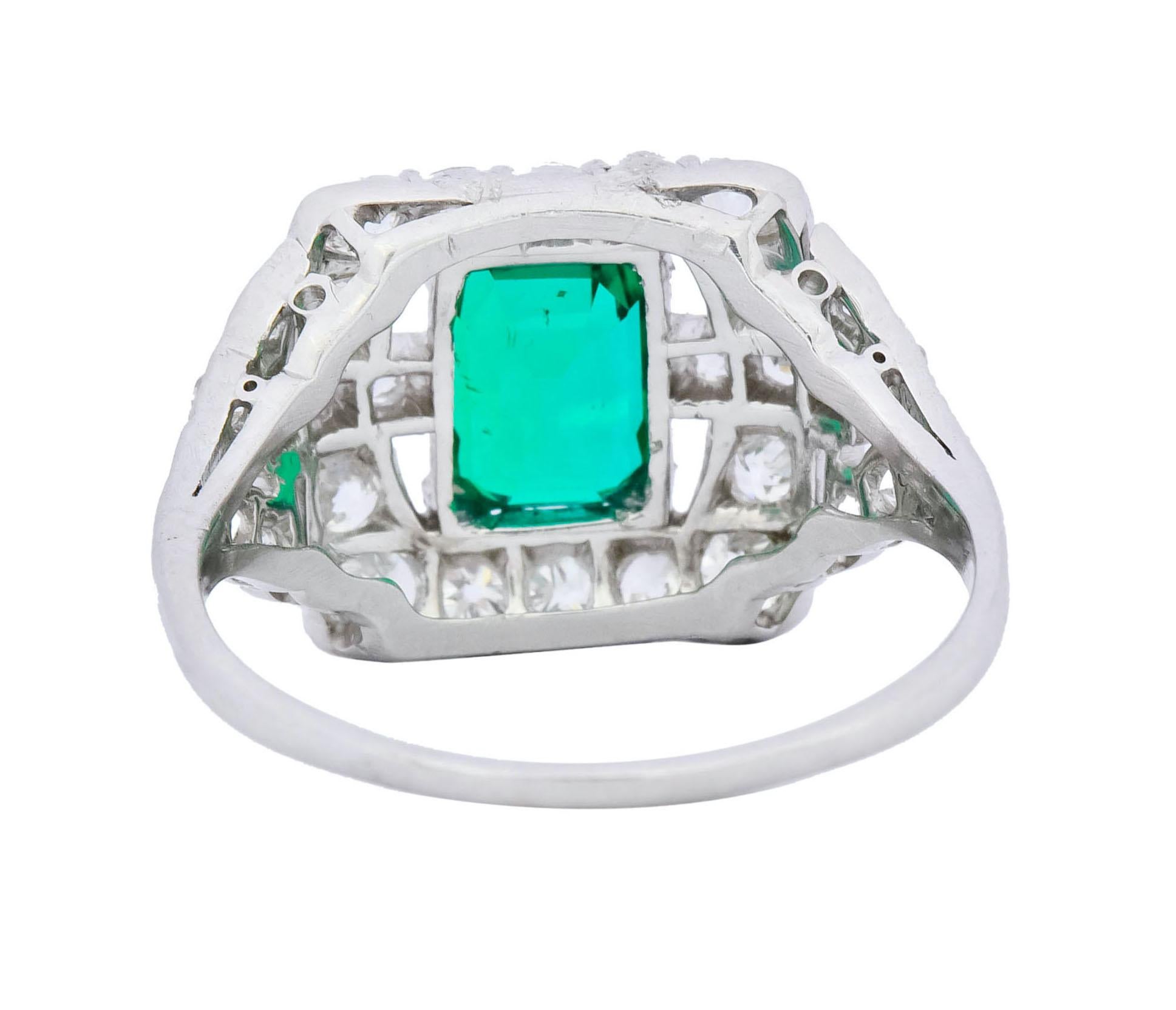 Art Deco 2.66 Carat Colombian Emerald Diamond Platinum Dinner Ring GIA In Excellent Condition In Philadelphia, PA