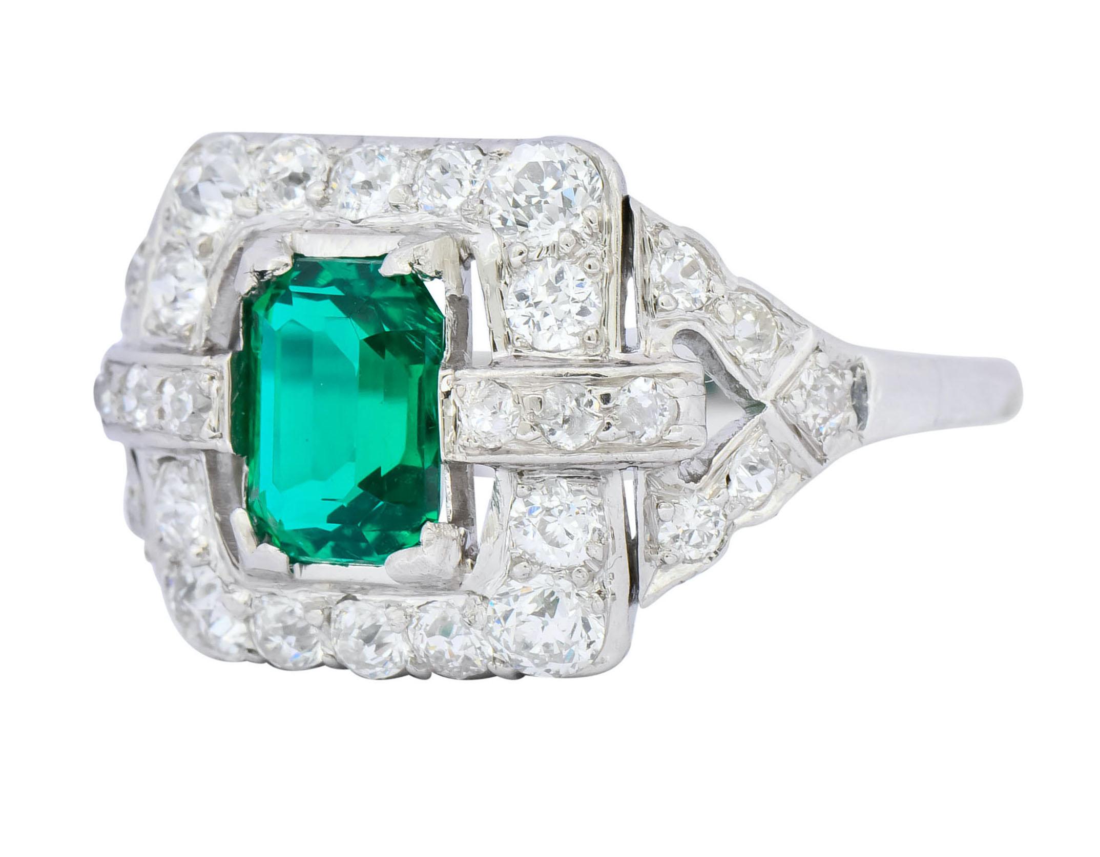 Art Deco 2.66 Carat Colombian Emerald Diamond Platinum Dinner Ring GIA 1