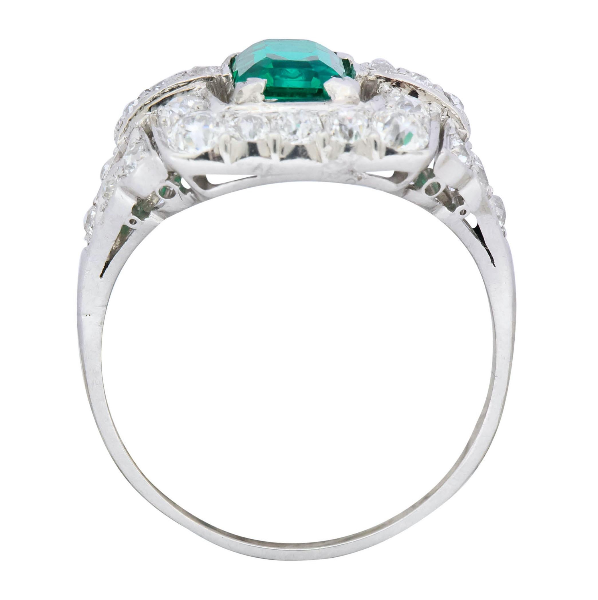 Art Deco 2.66 Carat Colombian Emerald Diamond Platinum Dinner Ring GIA 2