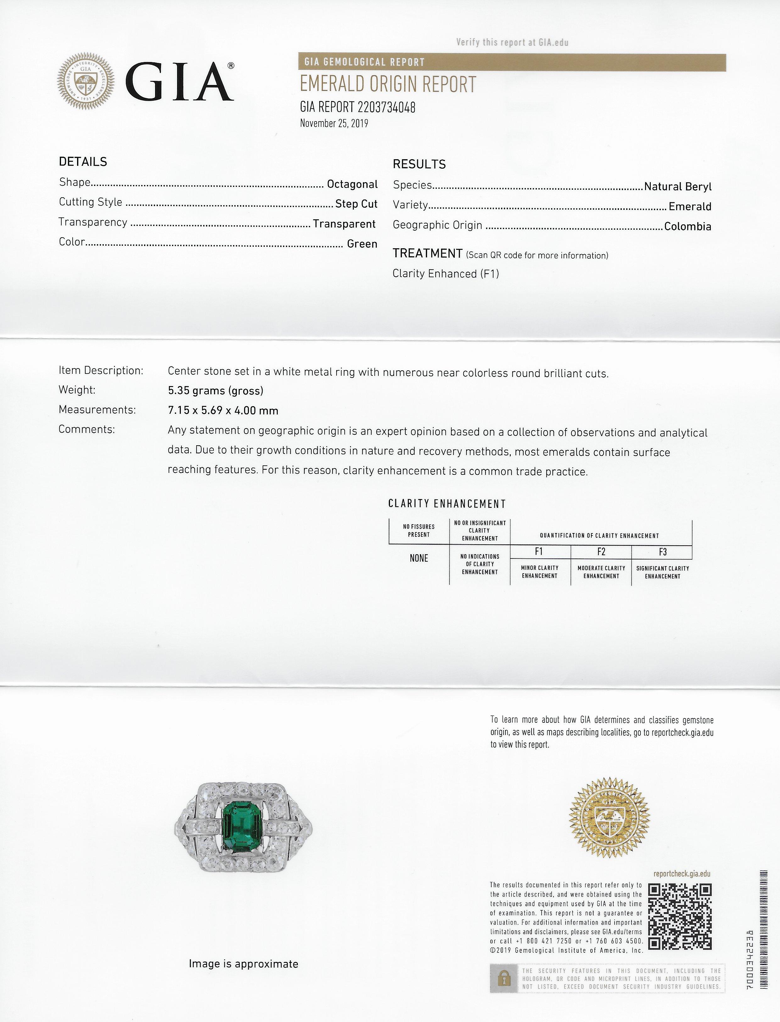 Art Deco 2.66 Carat Colombian Emerald Diamond Platinum Dinner Ring GIA 4