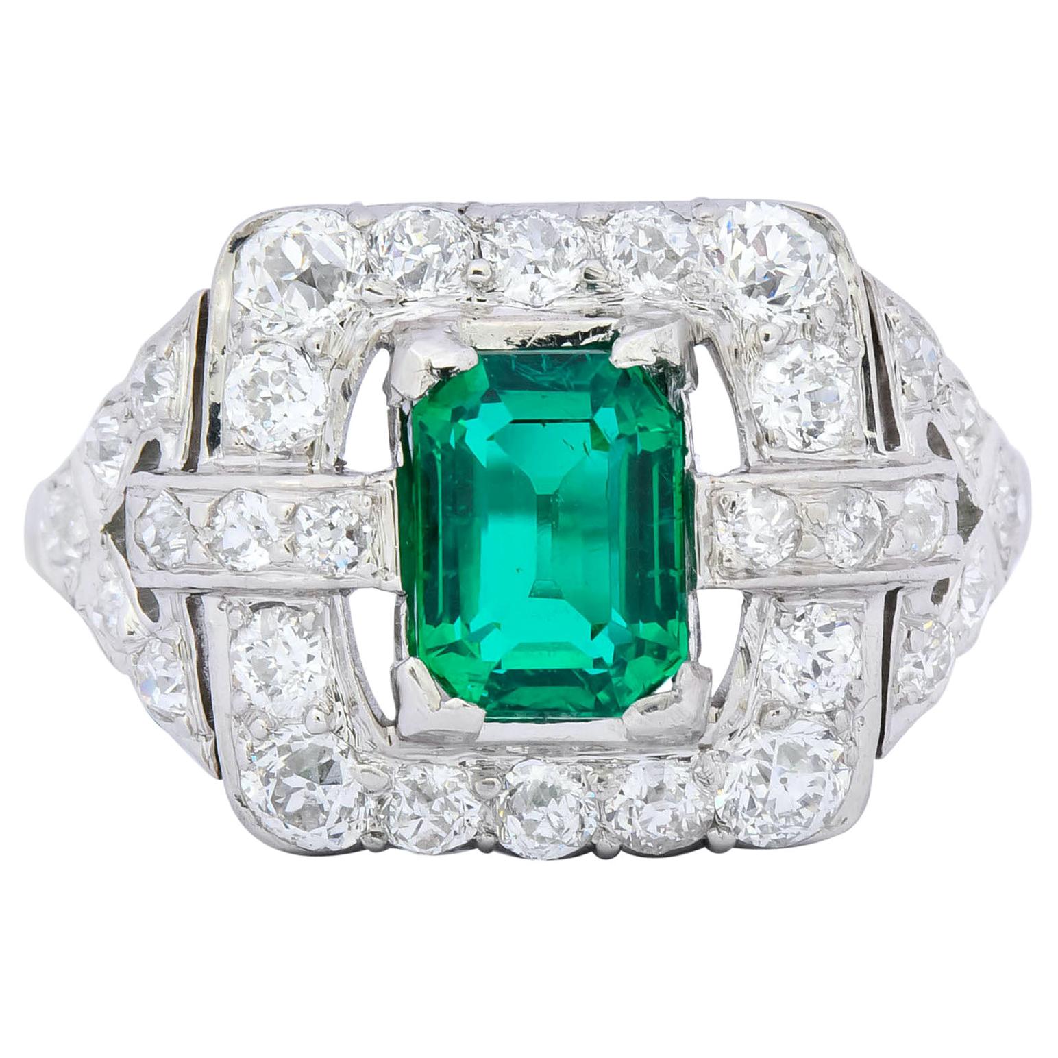 Art Deco 2.66 Carat Colombian Emerald Diamond Platinum Dinner Ring GIA