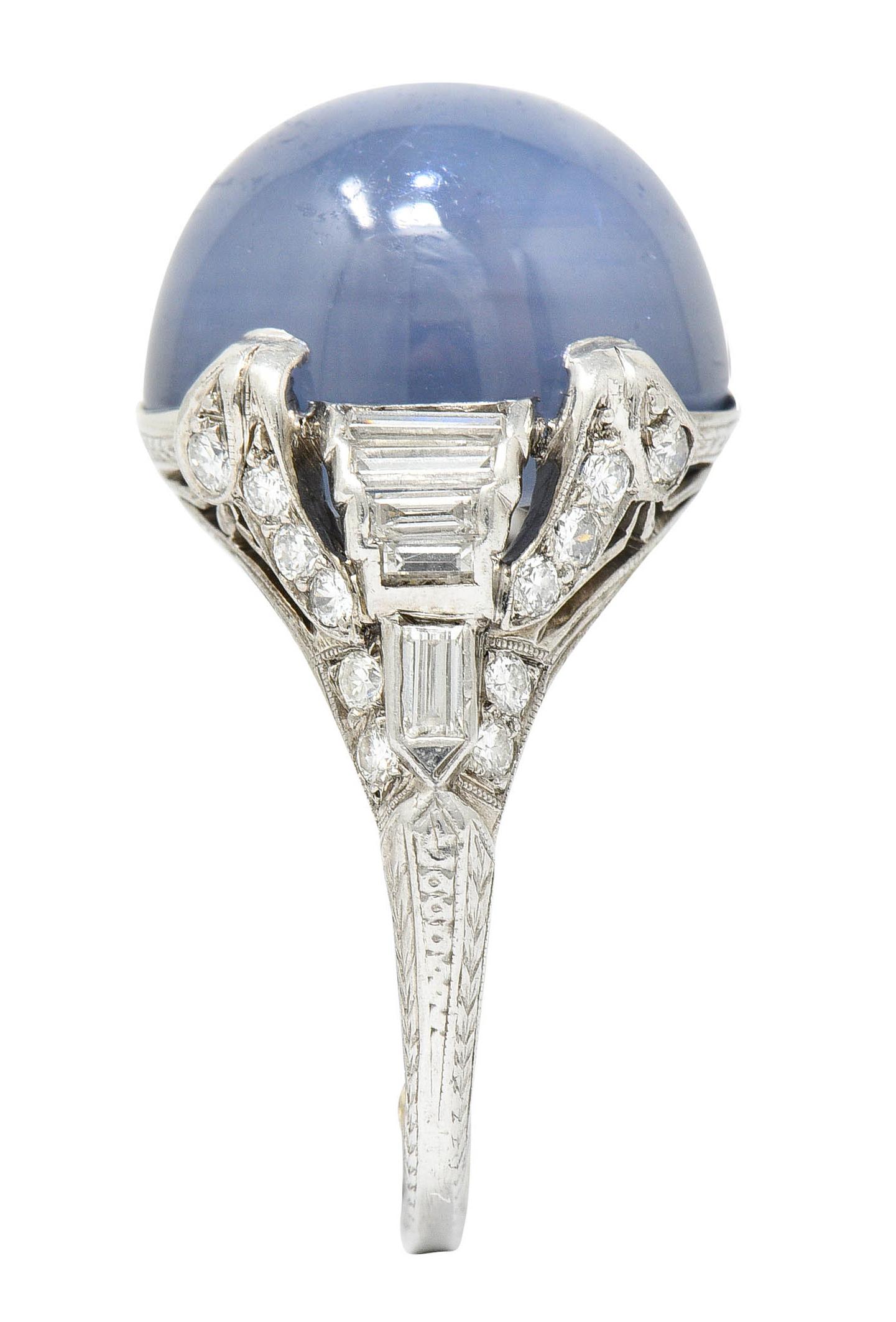 Art Deco 26.62 Carats Star Sapphire Diamond Platinum Cocktail Ring Circa 1930 5