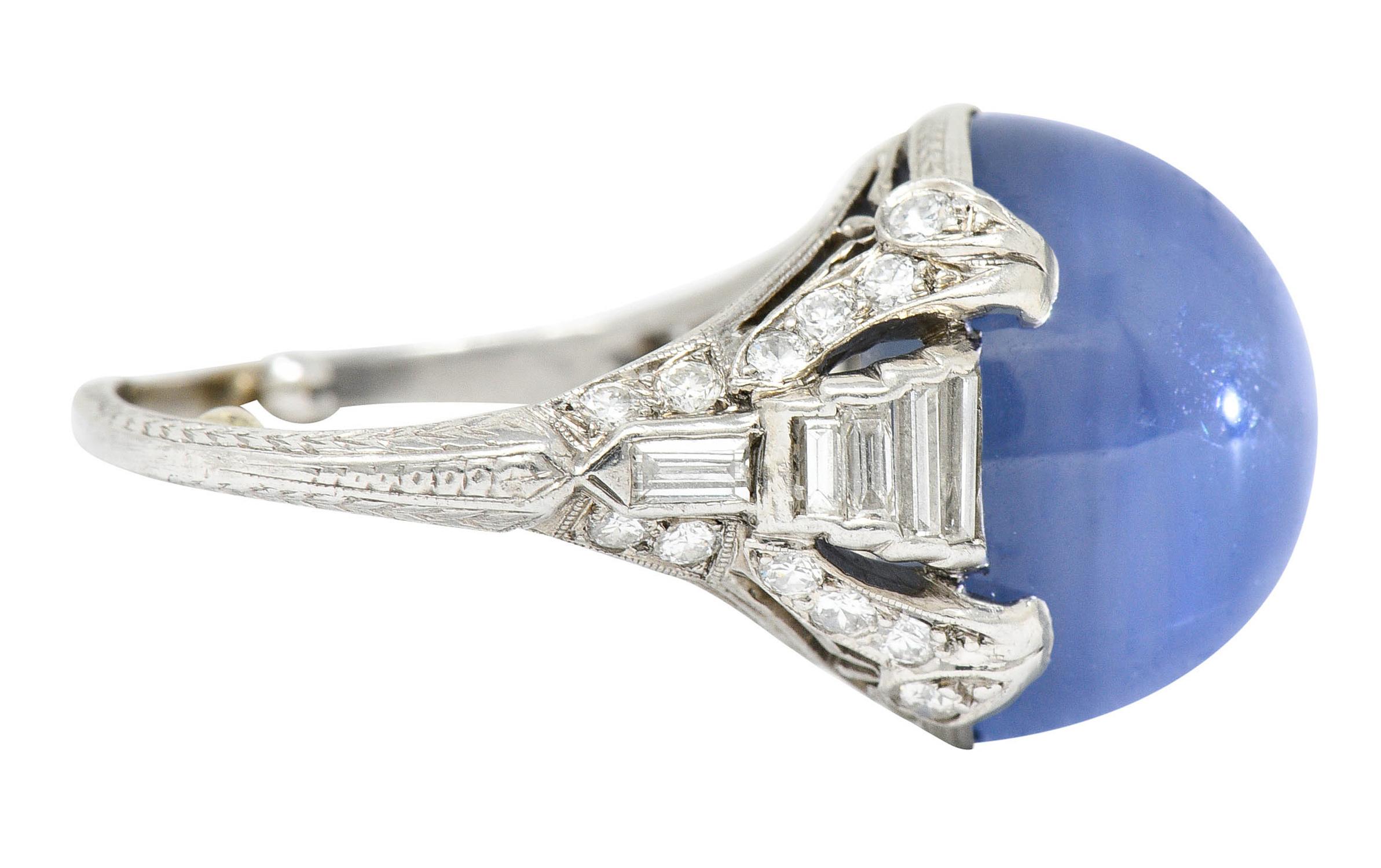 Cabochon Art Deco 26.62 Carats Star Sapphire Diamond Platinum Cocktail Ring Circa 1930
