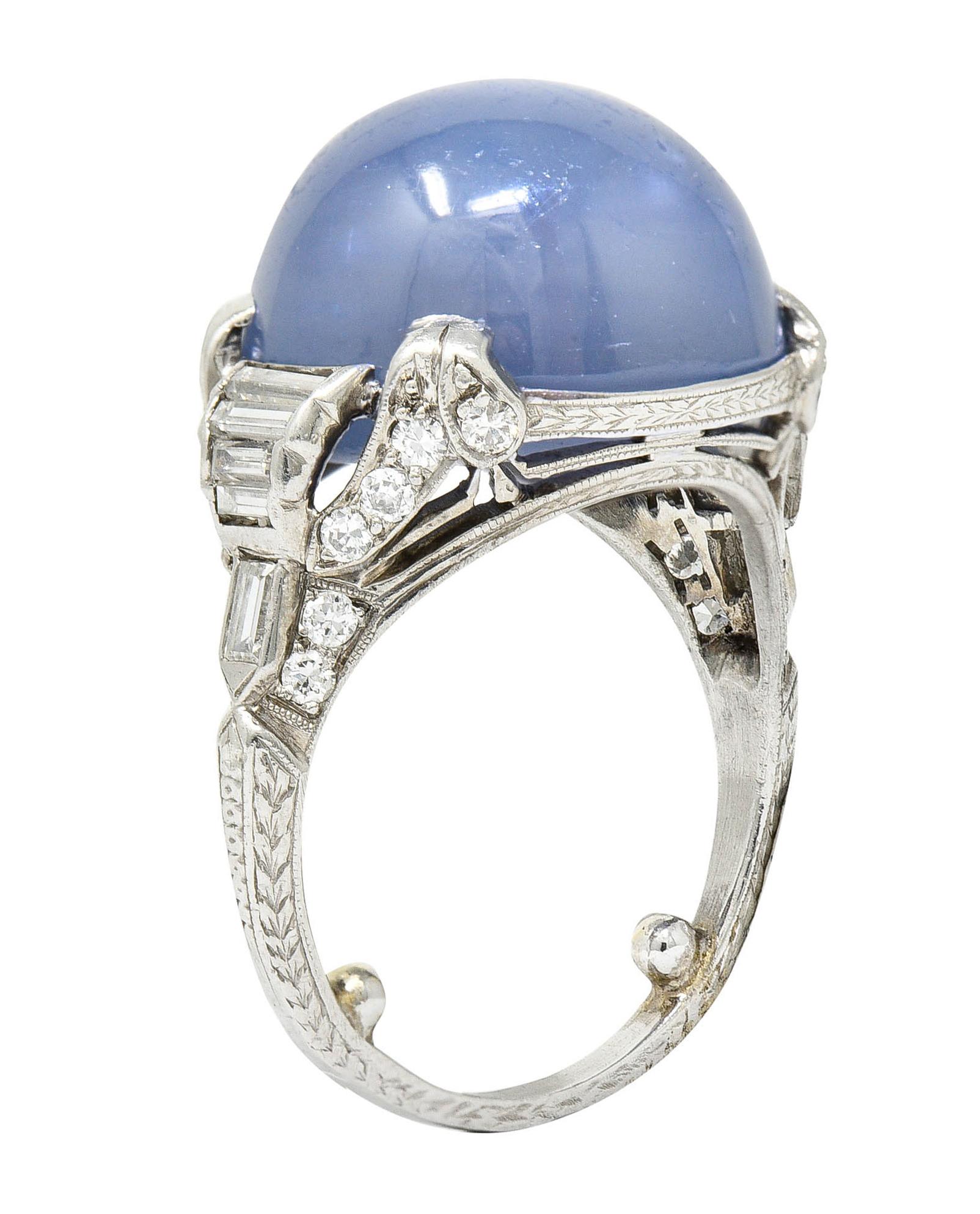 Art Deco 26.62 Carats Star Sapphire Diamond Platinum Cocktail Ring Circa 1930 3