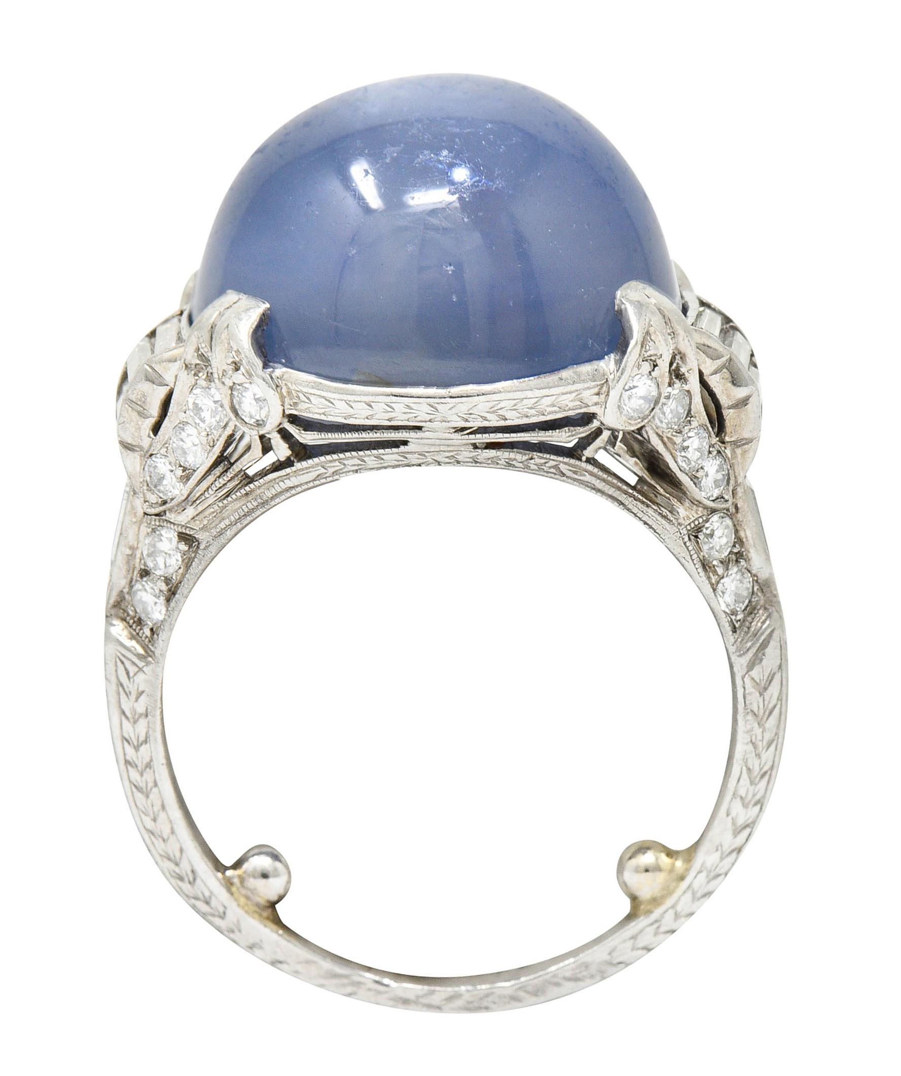 Art Deco 26.62 Carats Star Sapphire Diamond Platinum Cocktail Ring Circa 1930 4