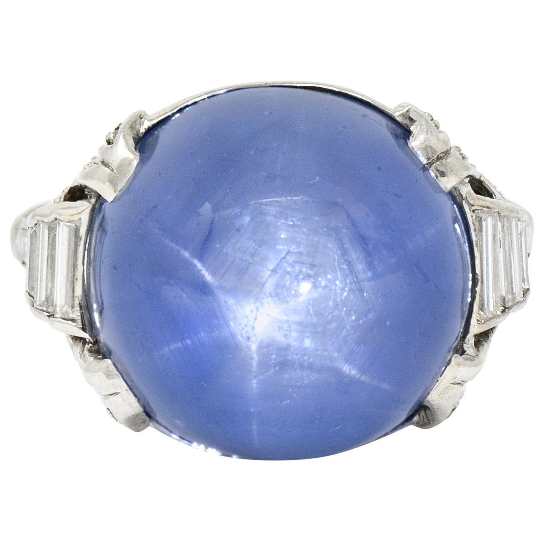 Art Deco 26.62 Carats Star Sapphire Diamond Platinum Cocktail Ring Circa 1930