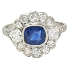 Art Deco 2.69 CTW No Heat Sapphire Diamond Platinum Vintage Halo Ring GIA