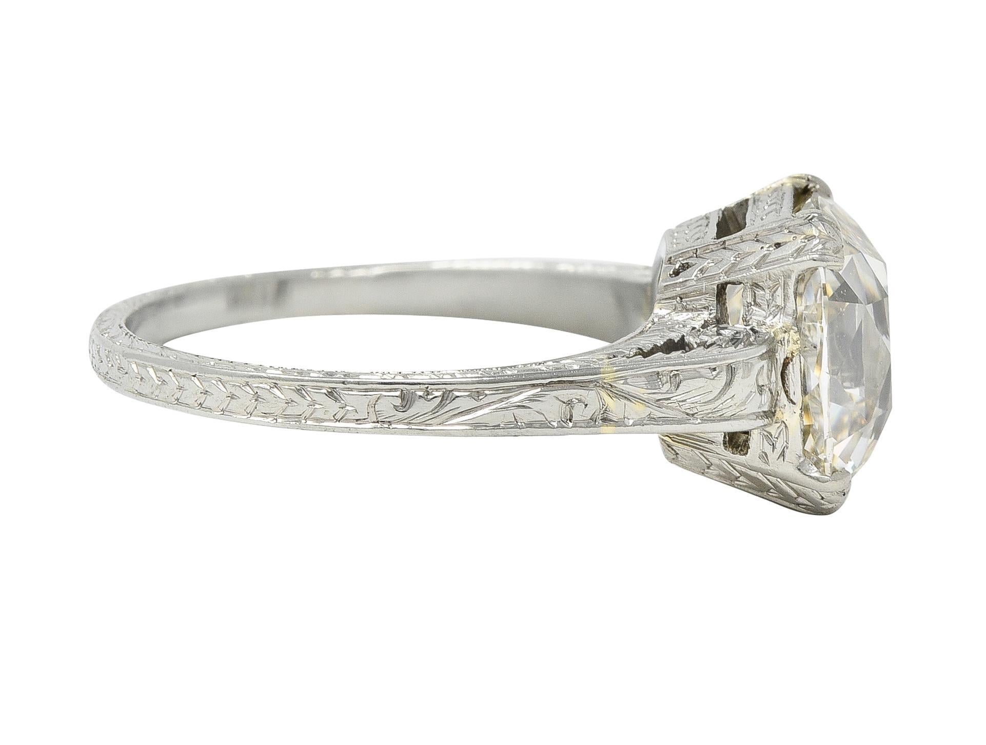 Women's or Men's Art Deco 2.69 CTW Old Mine Cut 18 Karat White Gold Vintage Engagement Ring GIA For Sale