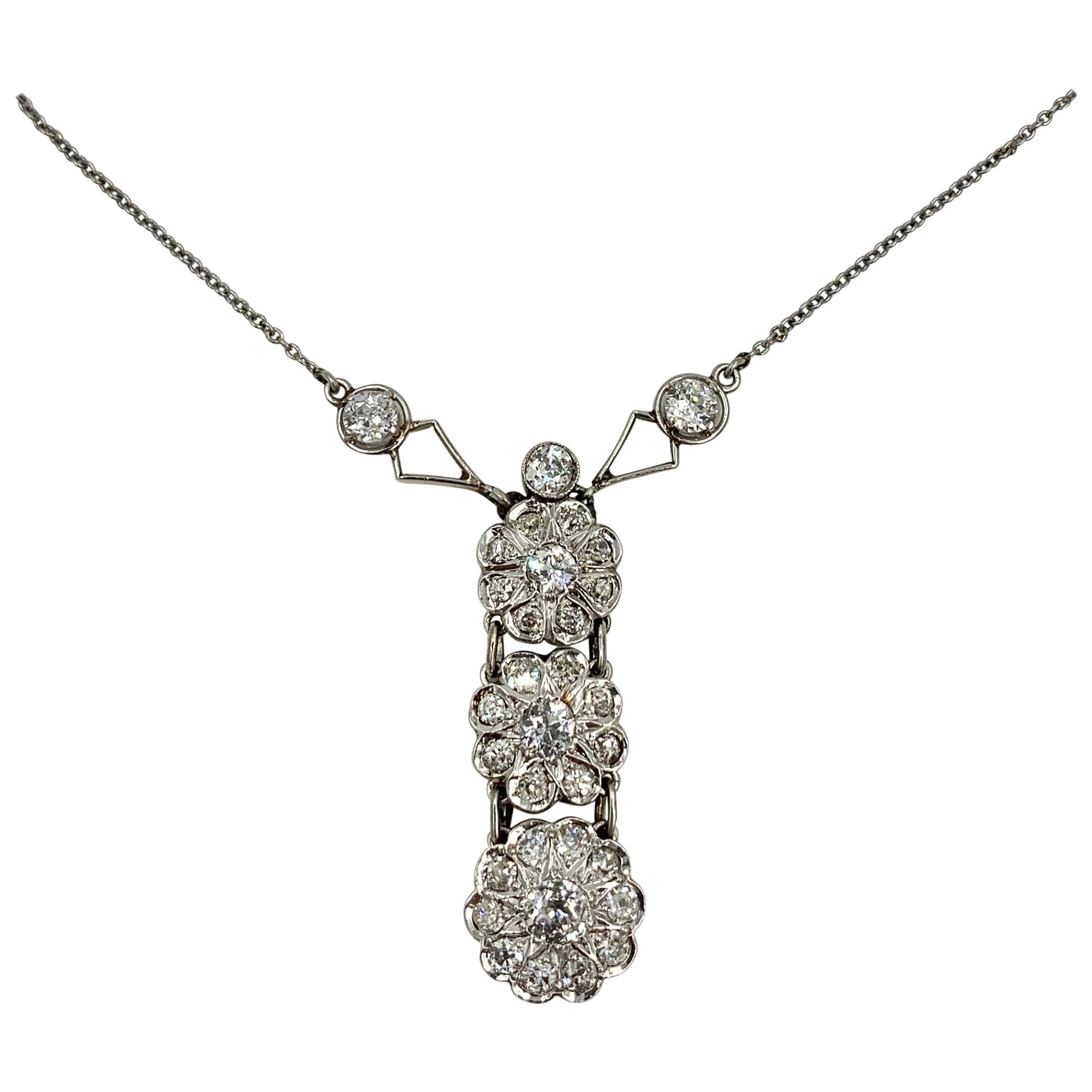 Art Deco 2.7 Carat Old European Cut Diamond Platinum Pendant Necklace Antique For Sale