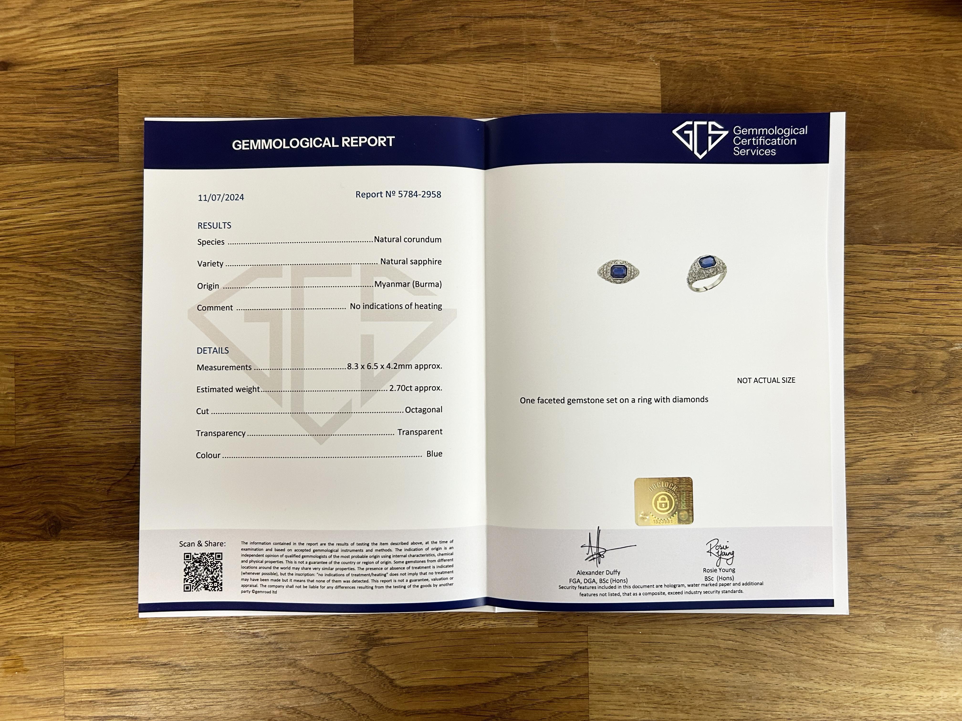 Anello Art Deco con zaffiro birmano e diamanti in filigrana da 2,70 carati In condizioni buone in vendita a London, GB