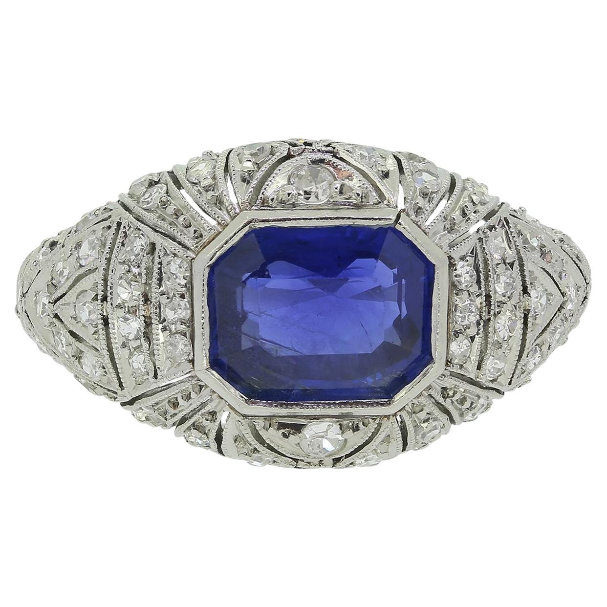 Art Deco 2.70 Carat Burmese Sapphire and Diamond Filigree Ring