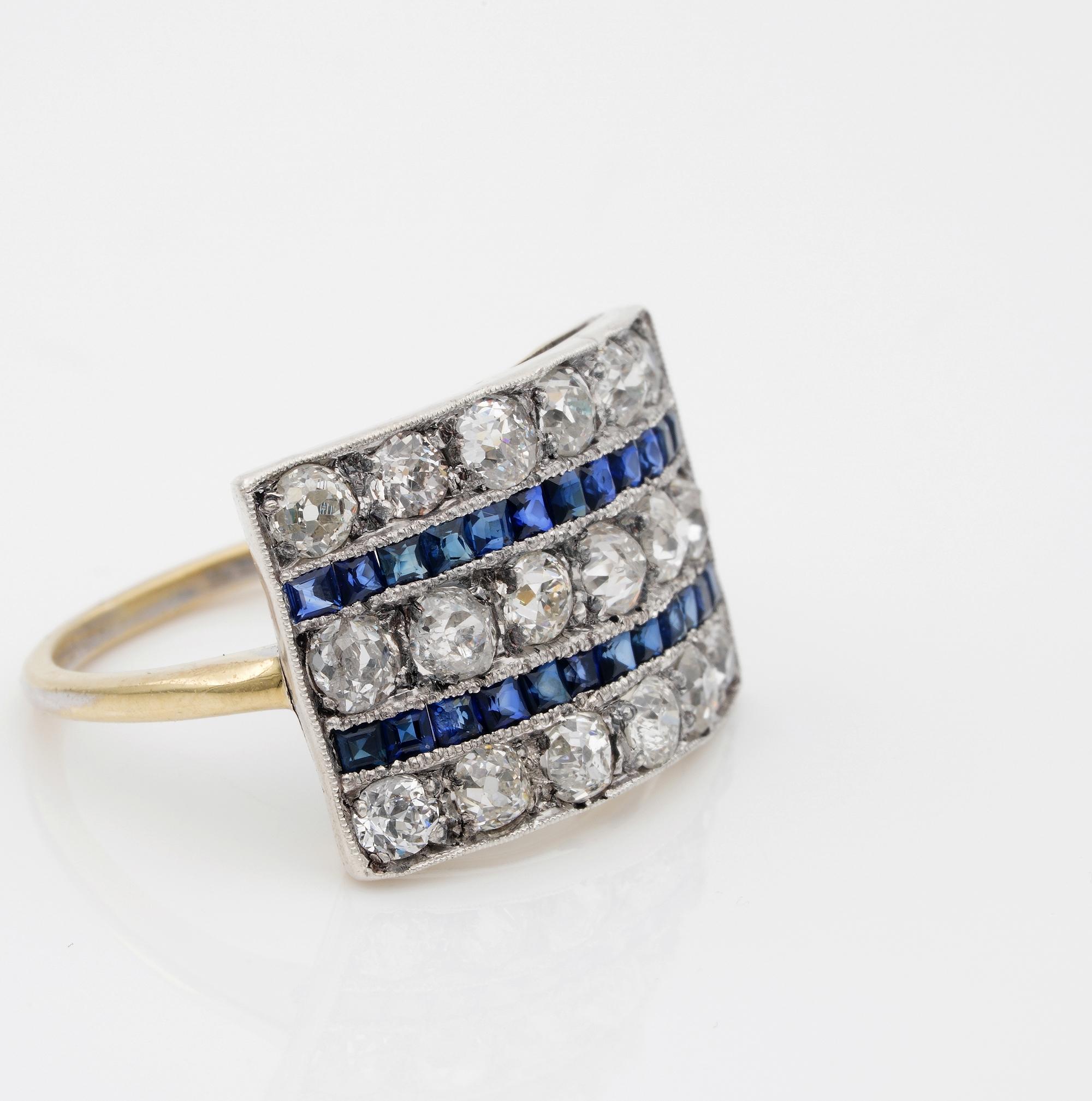 Old Mine Cut Art Deco 2.70 ct Diamond 1.40 Ct Blue Sapphire Wide Panel Ring For Sale