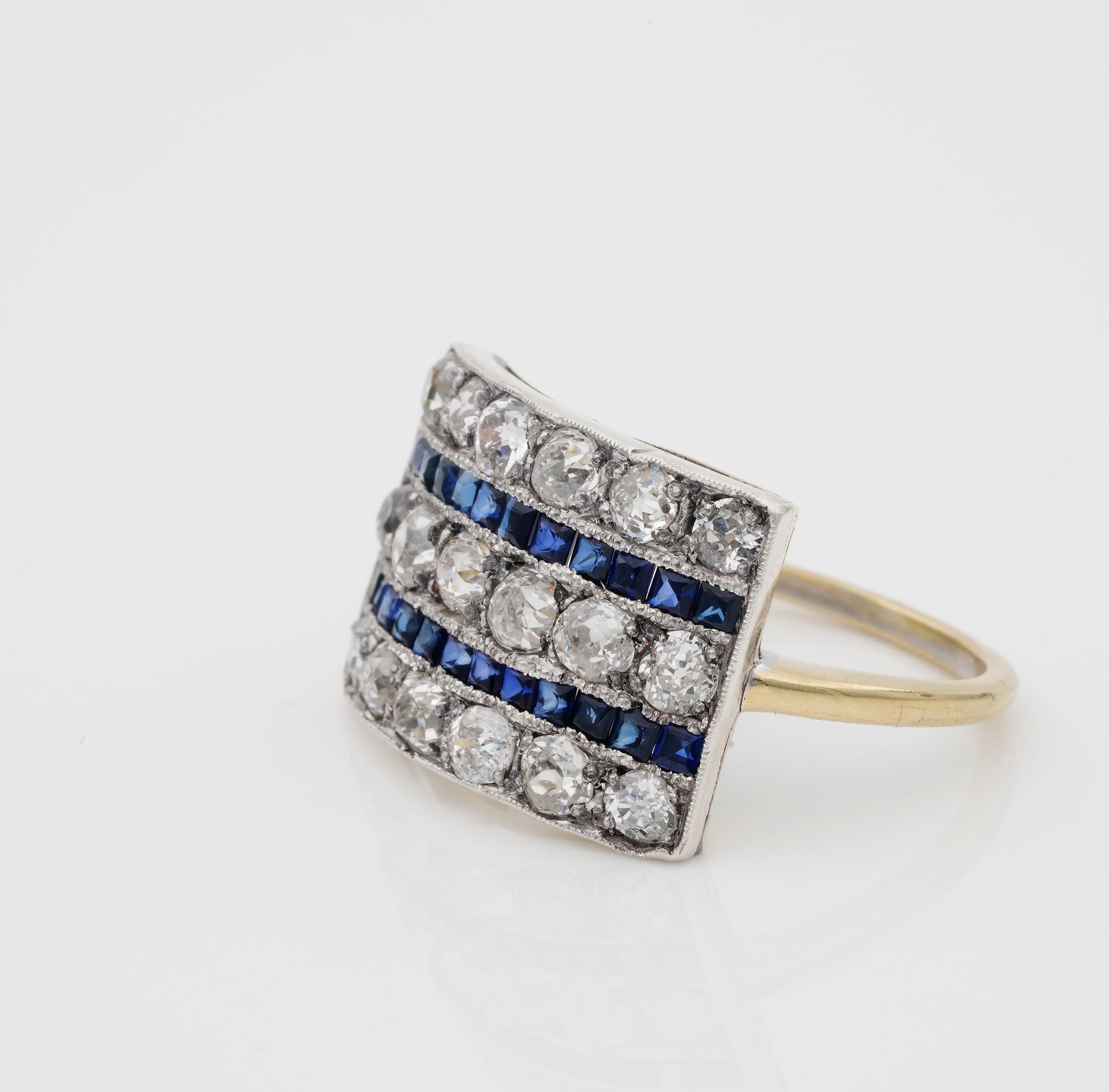 Women's Art Deco 2.70 ct Diamond 1.40 Ct Bluel Sapphire Wide Panel Ring For Sale