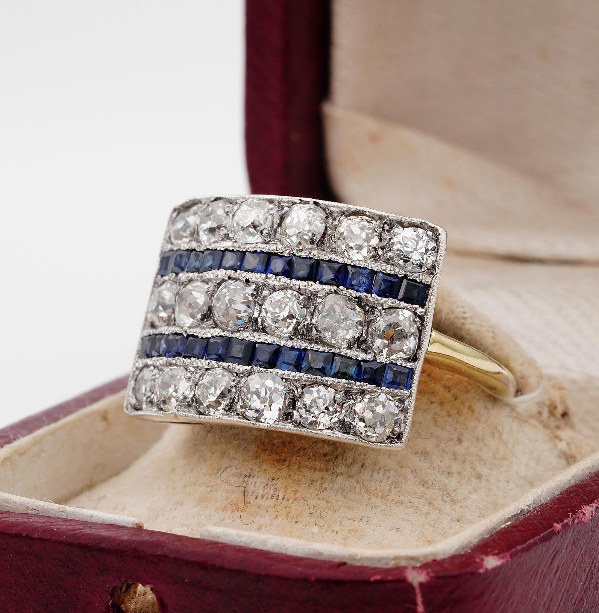 Art Deco 2.70 ct Diamond 1.40 Ct Bluel Sapphire Wide Panel Ring For Sale 1