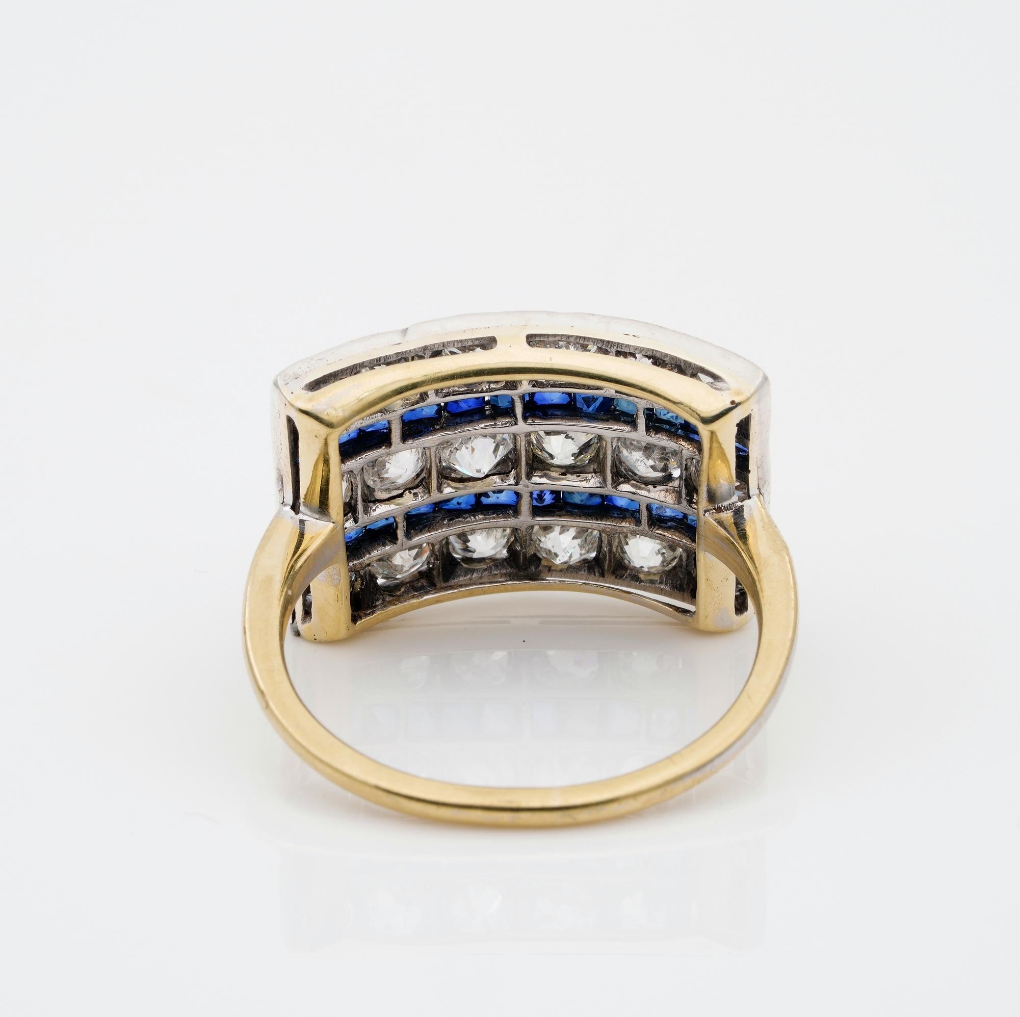 Art Deco 2.70 ct Diamond 1.40 Ct Bluel Sapphire Wide Panel Ring For Sale 2