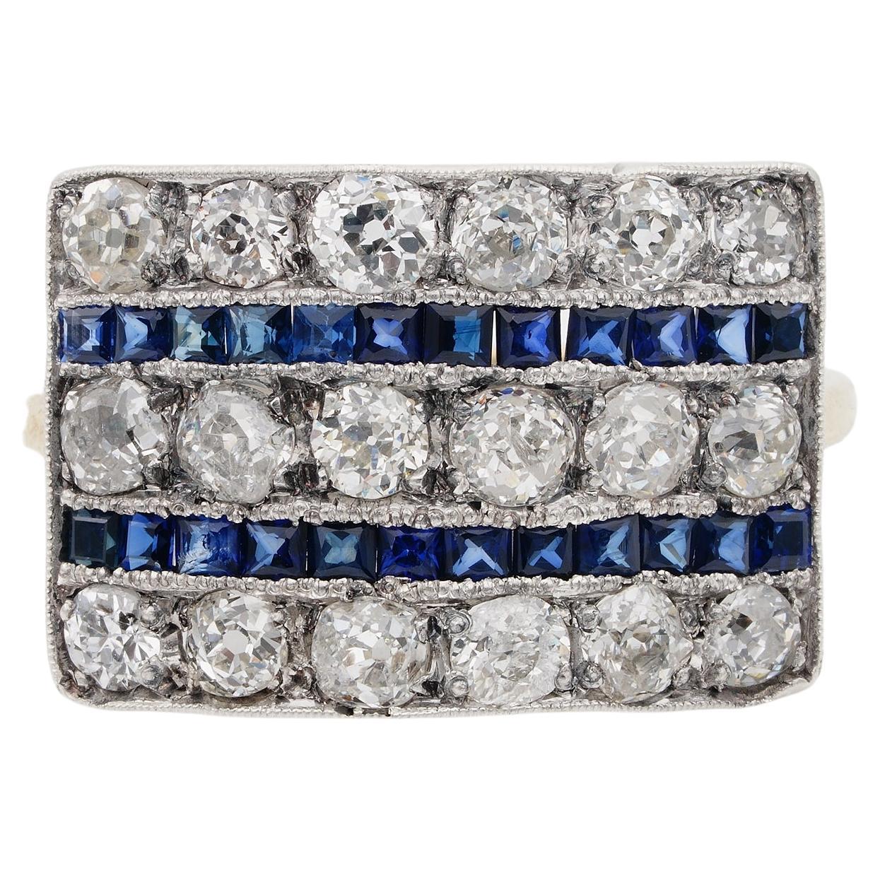 Art Deco 2.70 ct Diamond 1.40 Ct Bluel Sapphire Wide Panel Ring For Sale