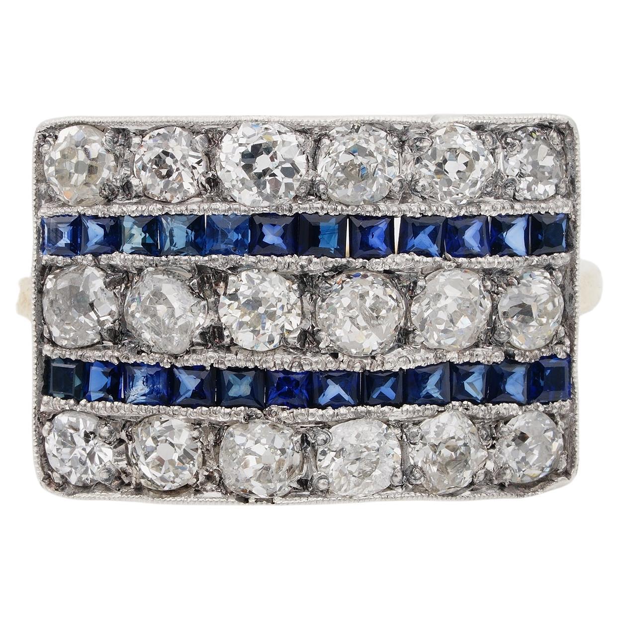 Art Deco 2.70 ct Diamond 1.40 Ct Blue Sapphire Wide Panel Ring For Sale