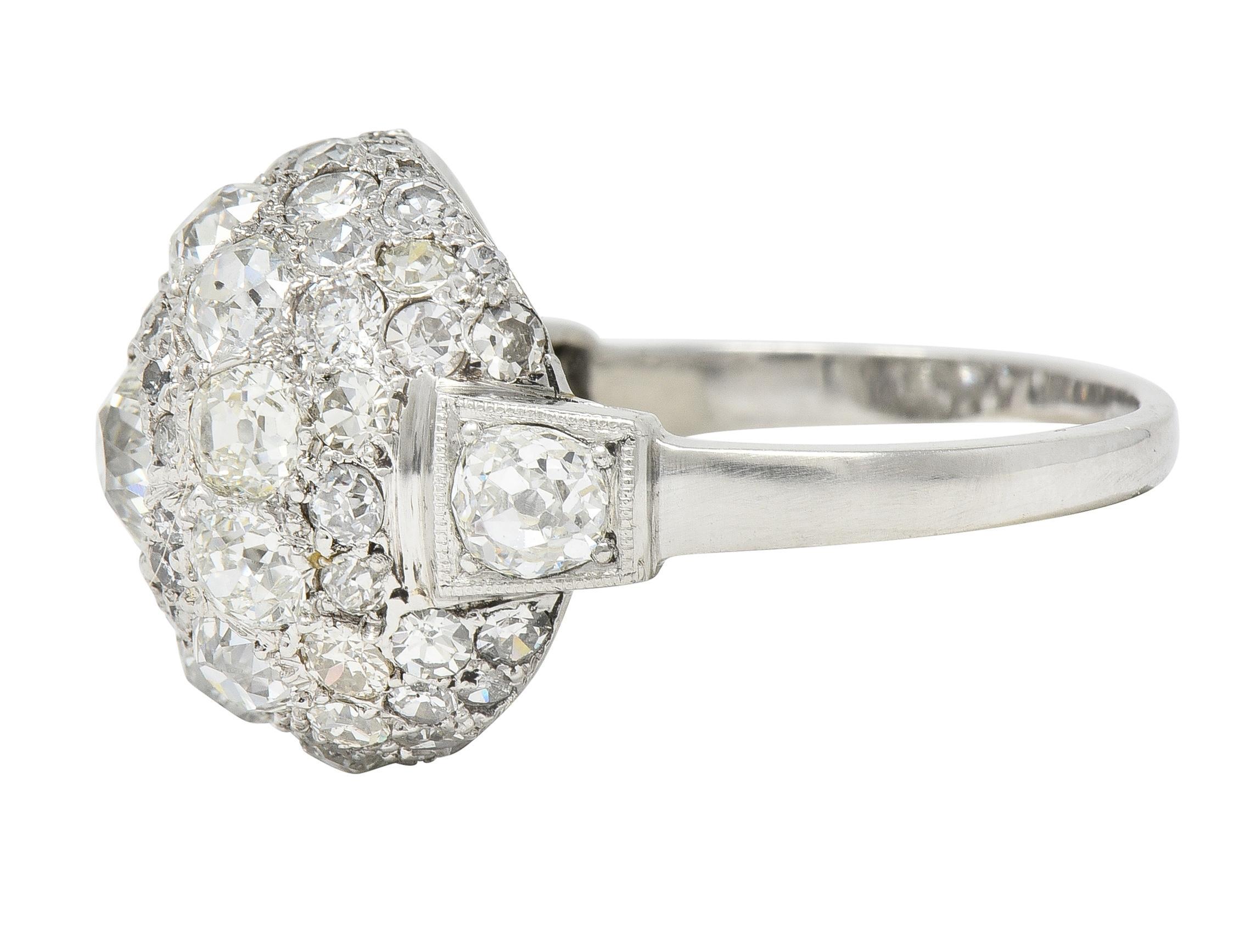 Art Deco 2.70 CTW Old Mine Cut Diamond Platinum Dome Cluster Ring For Sale 6
