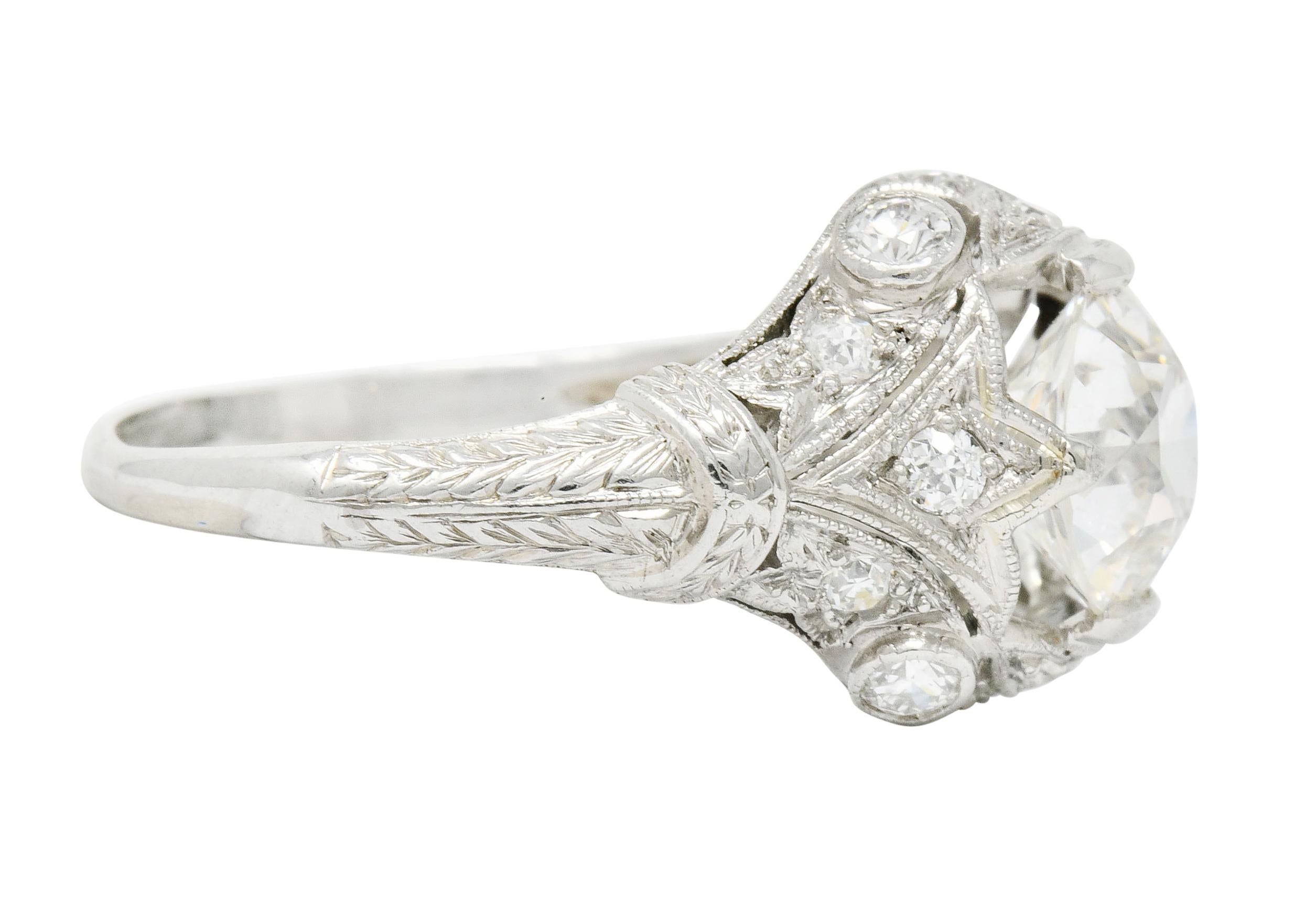 Round Cut Art Deco 2.71 Carat Diamond Platinum Foliate Engagement Ring GIA