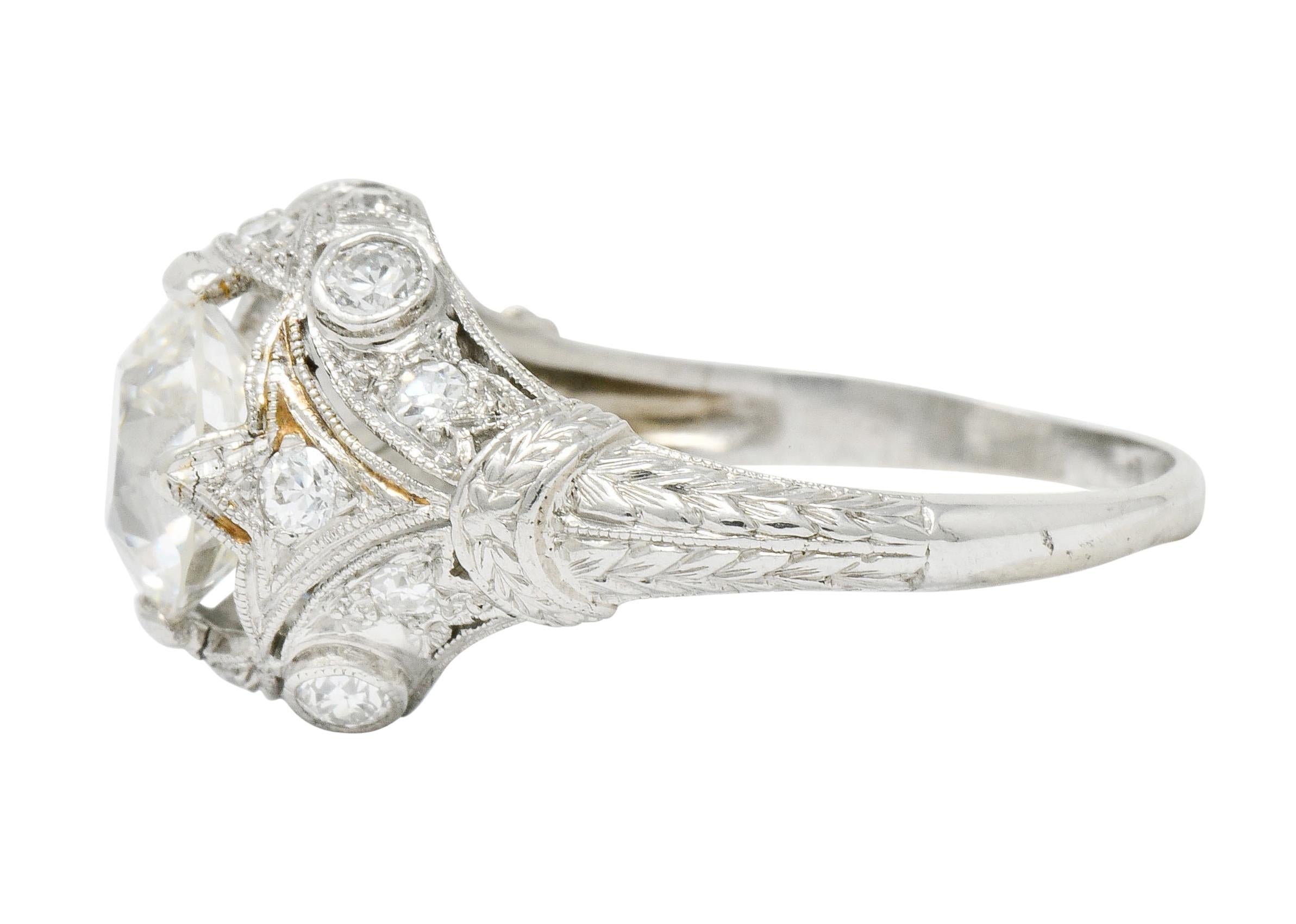 Women's or Men's Art Deco 2.71 Carat Diamond Platinum Foliate Engagement Ring GIA
